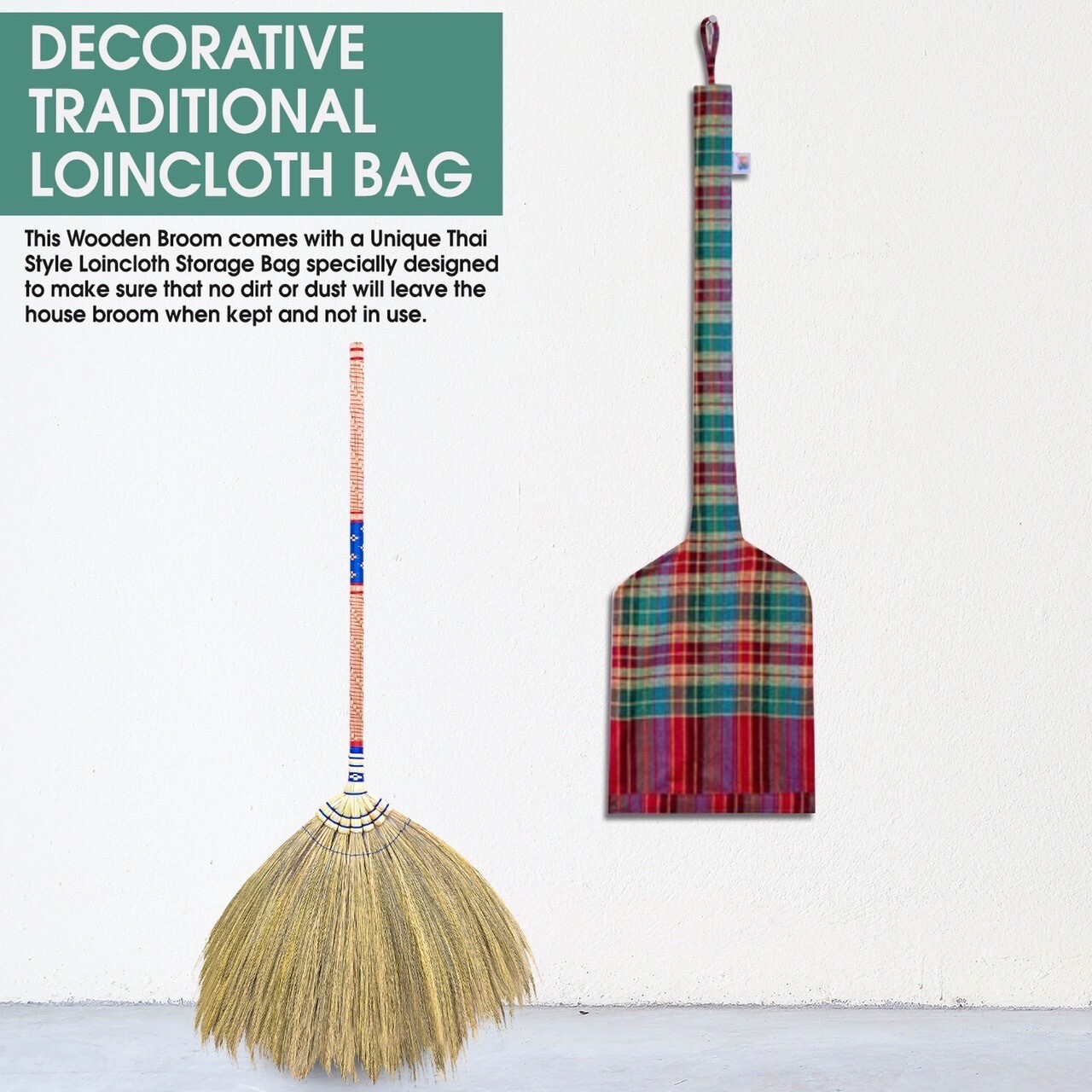 Authentic Grass Broom Bamboo Grass Full Embroidery Woven Thread Handle Handmade