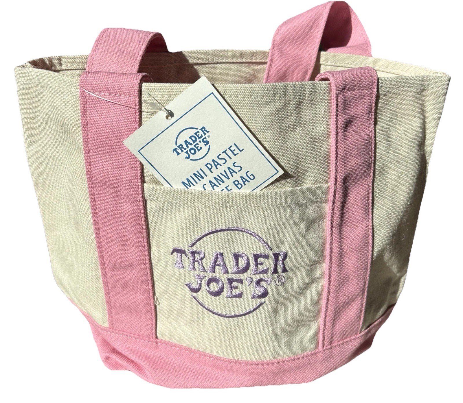 Trader Joe’s Mini Canvas Tote Bag Spring 2025 Pastel Pink NWT Purple Embroidery