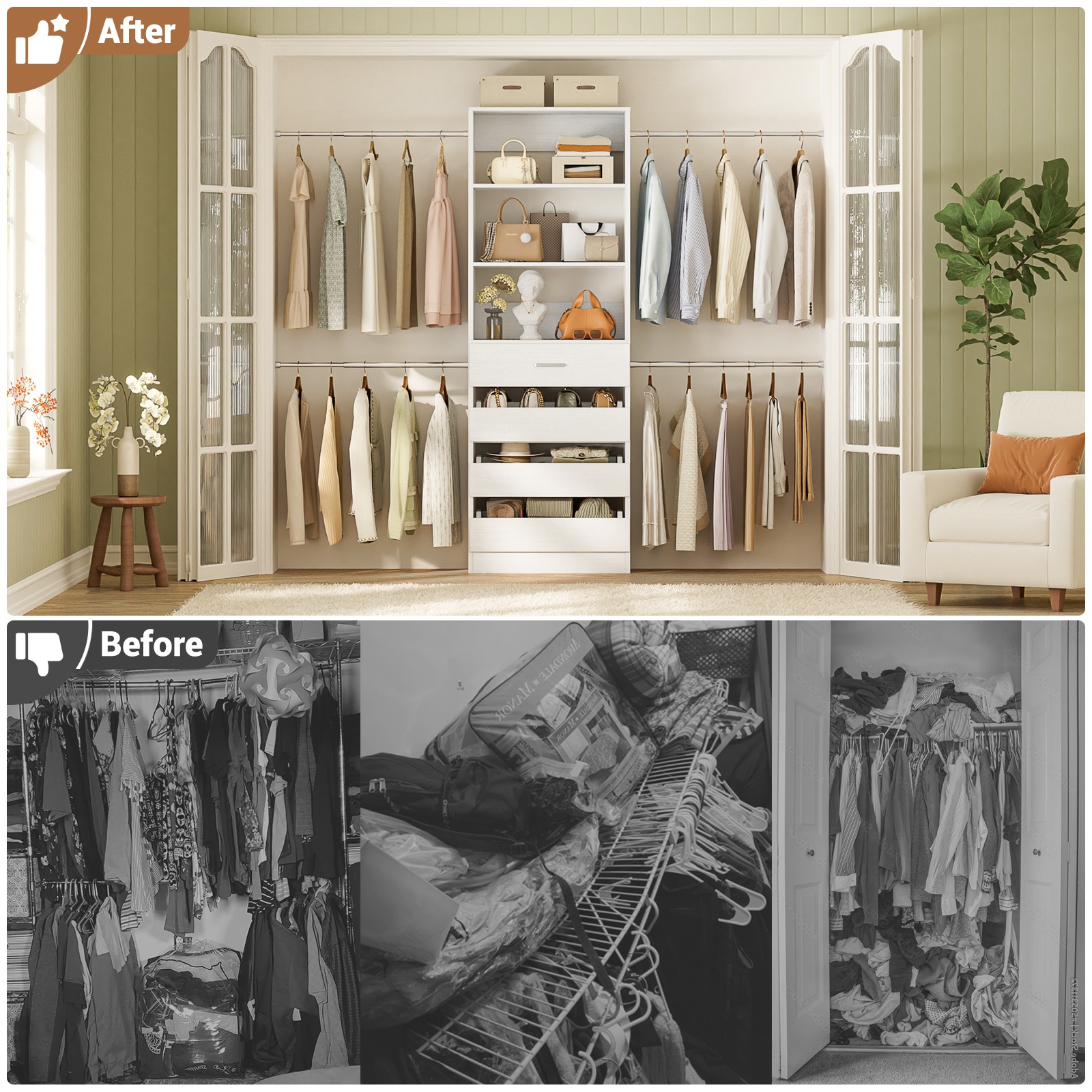 Used-Very Good 4-9Ft Walk-in Closet Organizer with Drawer and Hanging Rods White