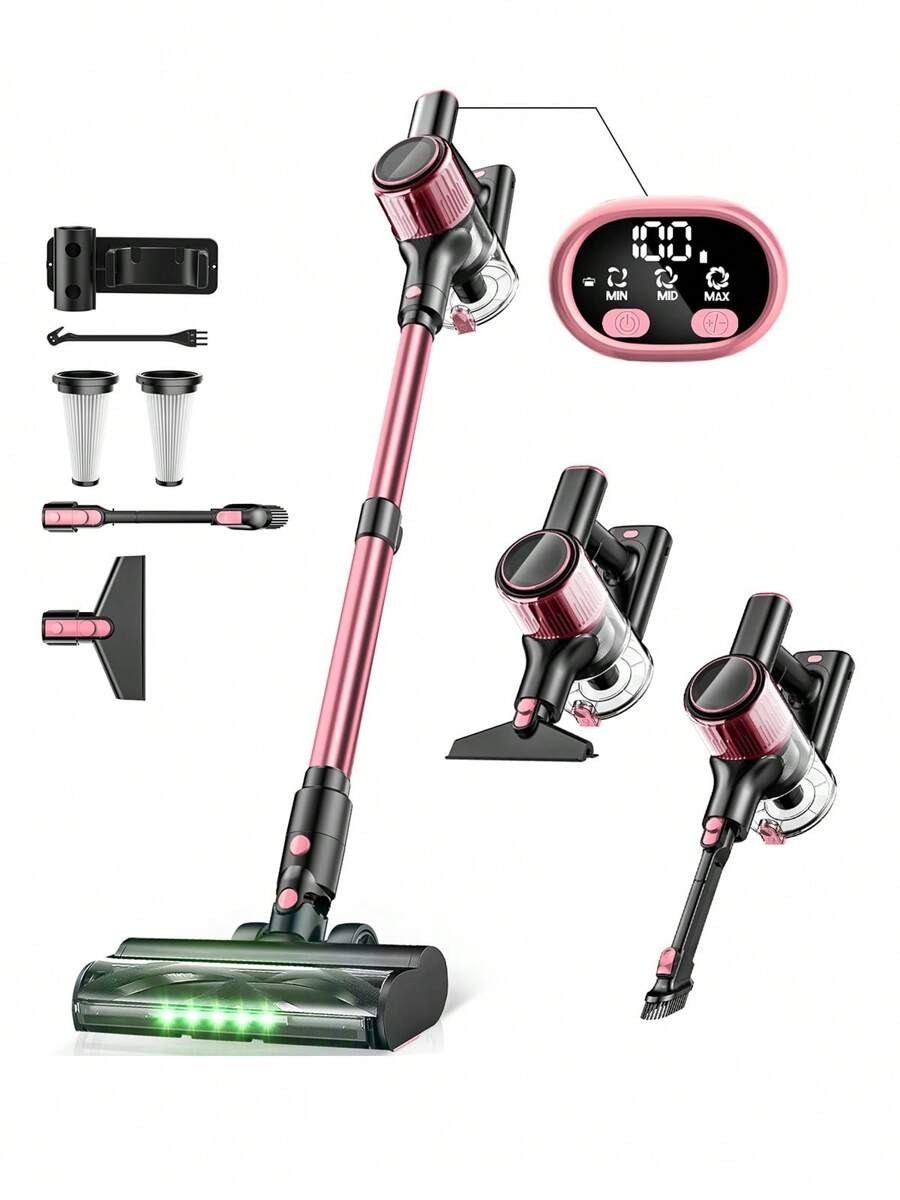 Pink Cordless Stick Vacuum Cleaner 30Kpa 350W, 40min Runtime, Anti-Tangle Brush
