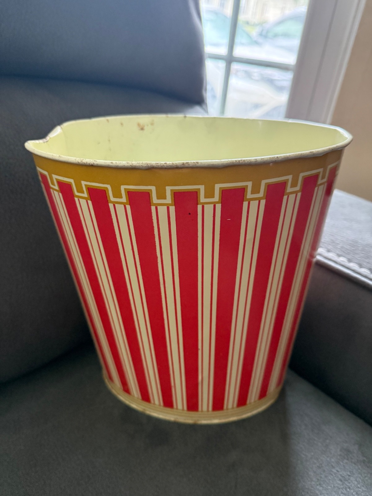 VTG Cheinco Garbage Tin Can Red Stripes 9.5 in tall