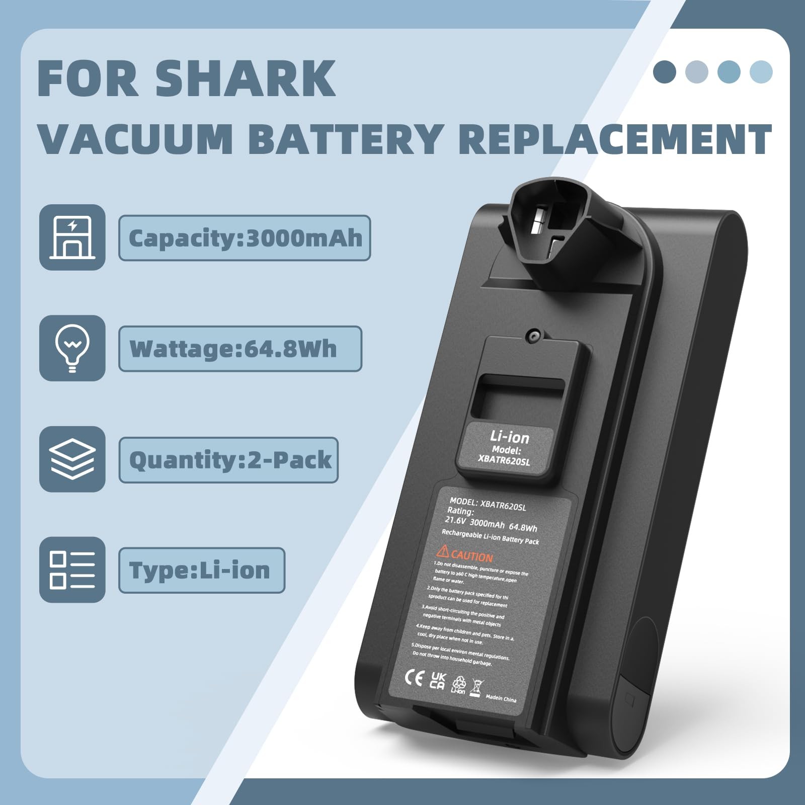 21.6V 3000mAh Battery Replacement for Shark XBATR620SL Battery, Compatible wi…