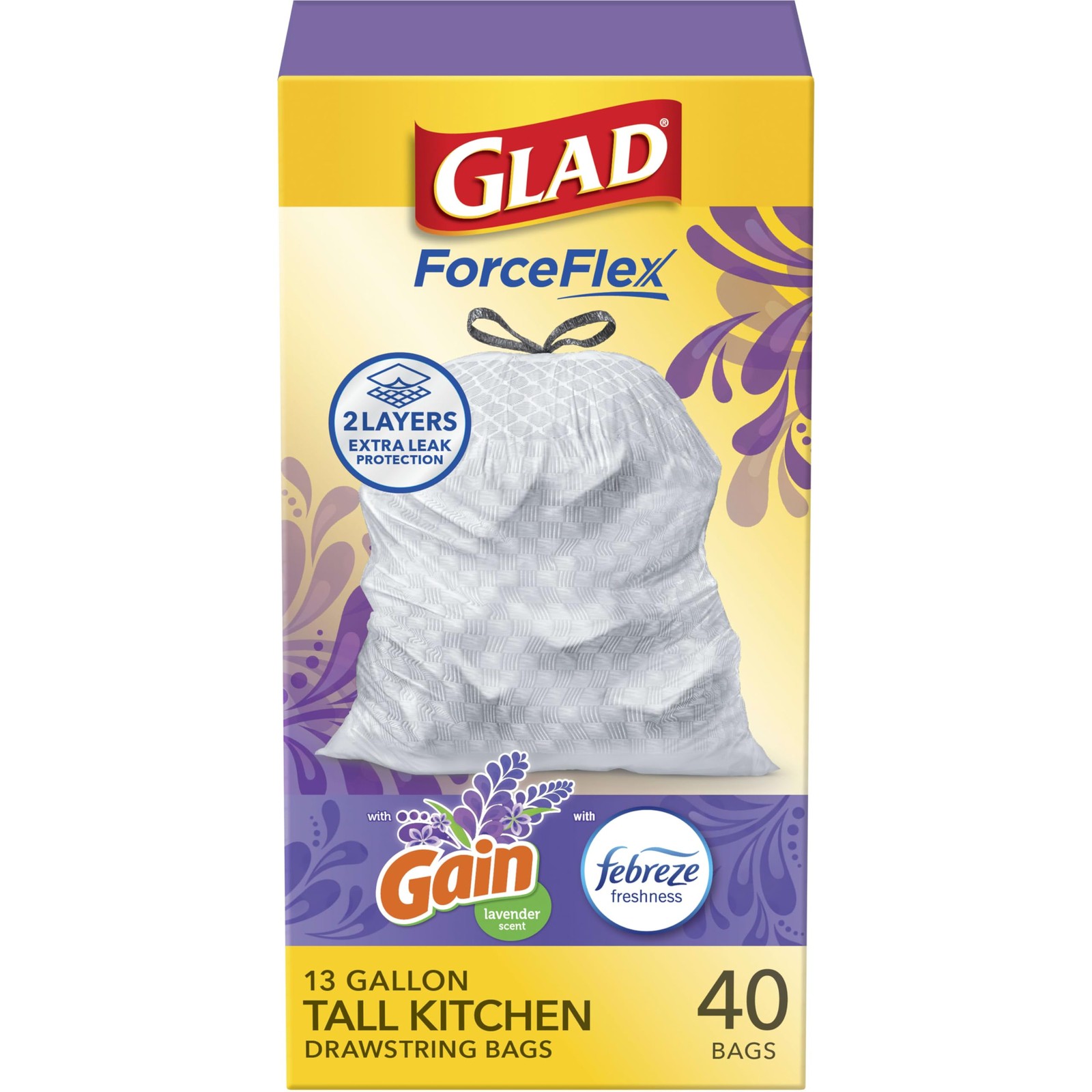Glad ForceFlex Tall Kitchen Trash Bags 13 Gal Gain Lavender with Febreze 40 Ct