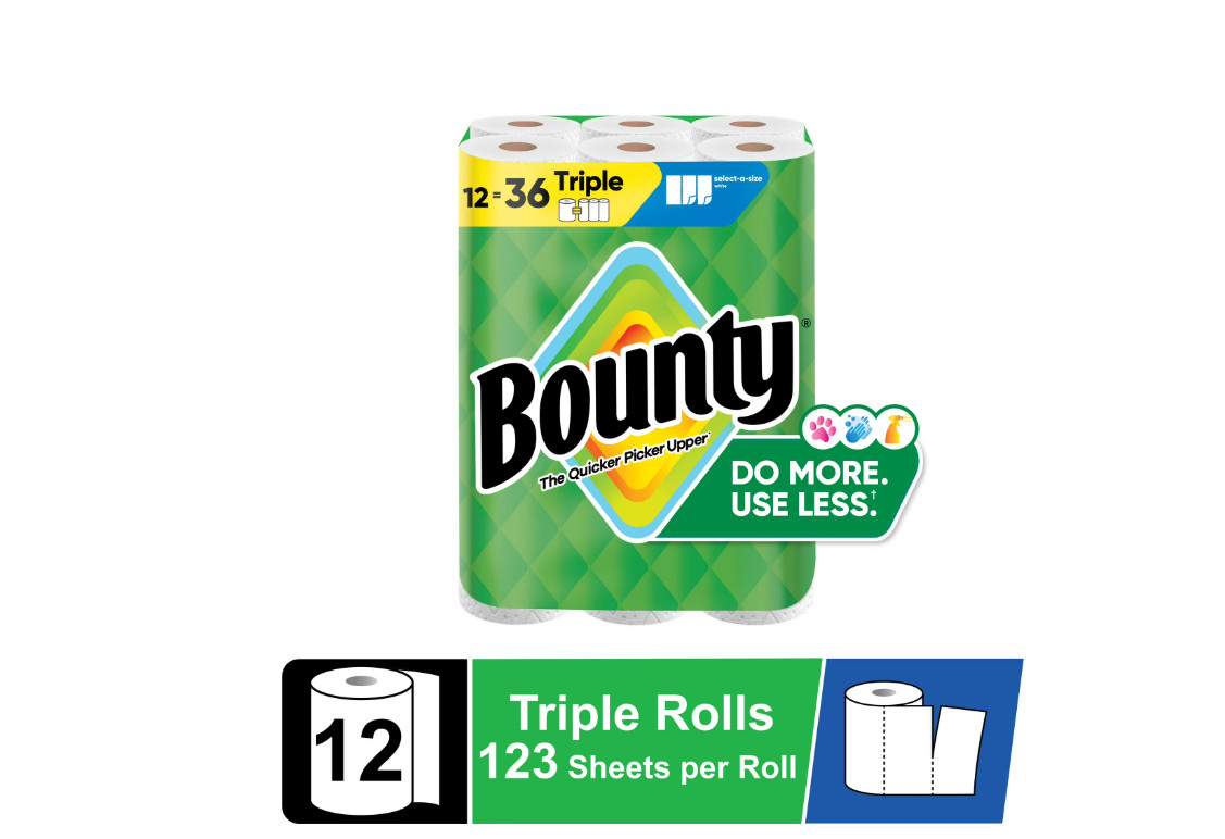 Bounty Paper Towels Select-A-Size White, 12 Triple Rolls, 123 Sheets per Roll