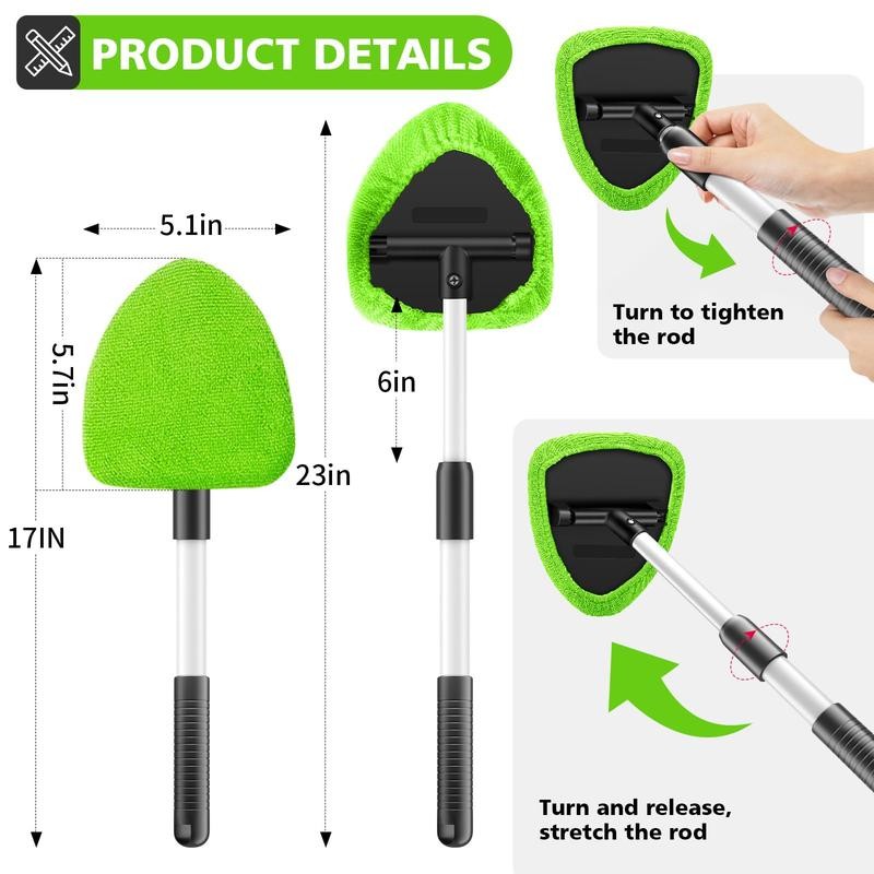 Car Windshield Cleaning Tool 23″ Extendable Handle 4 Reusable Pads In&Out Use