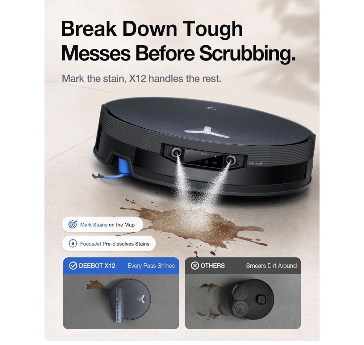 ECOVACS DEEBOT X12 OMNICYCLONE Robot Vacuum, FocusJet Pre-Spray Roller Mop