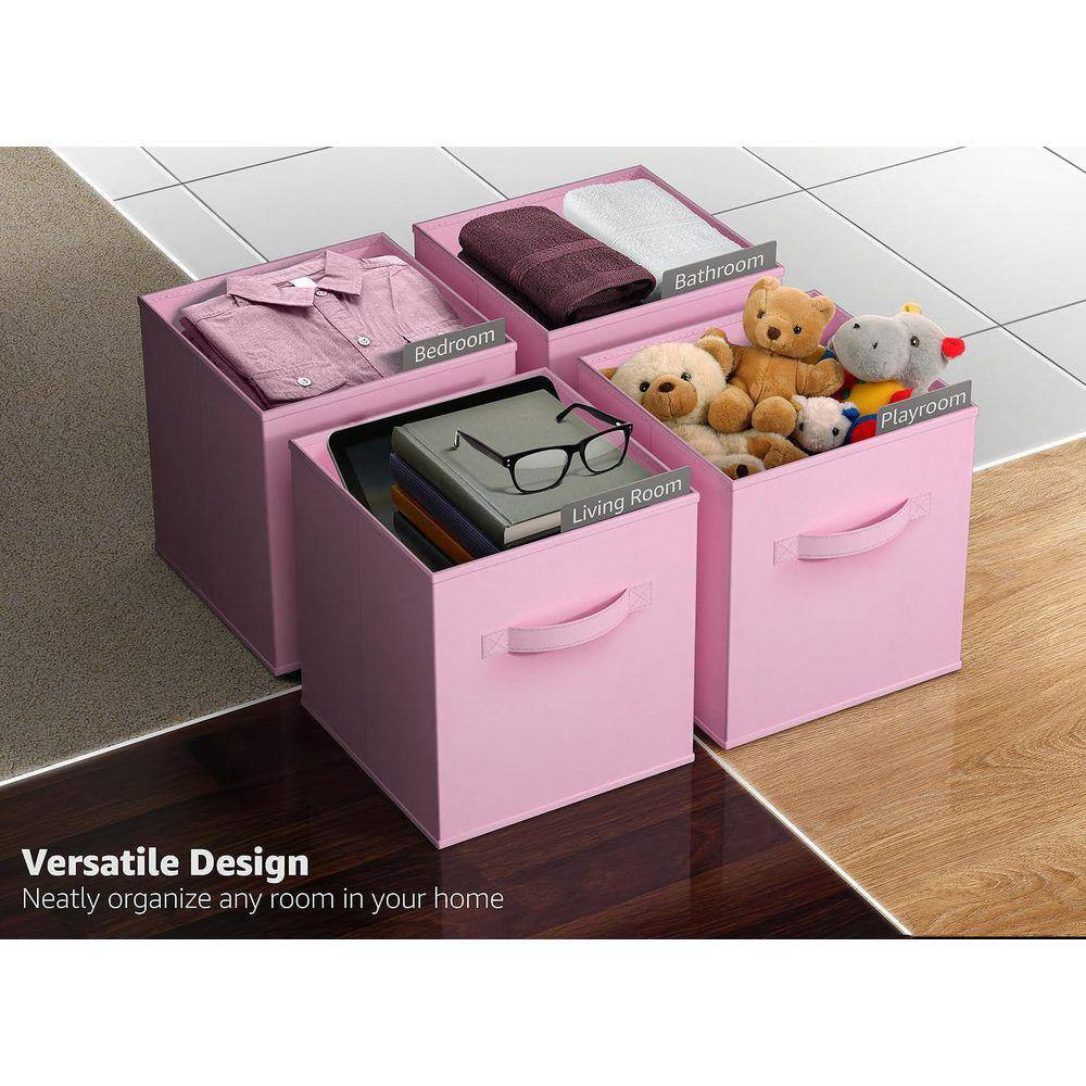 Foldable Storage Cubes with Handles, Pink 10.5 in X 11 in Fabric Decorative Bask