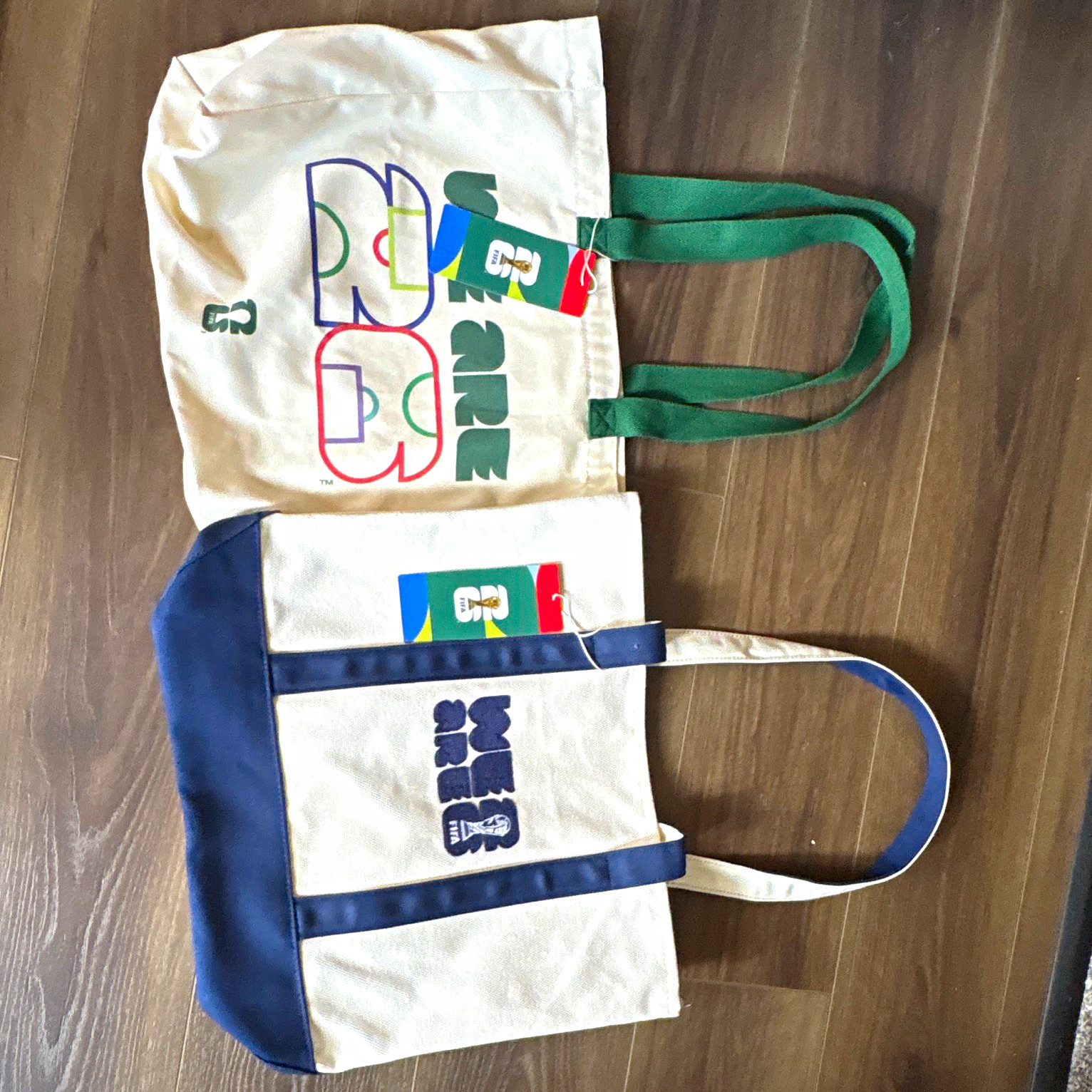 FIFA We Are 26 Logo Canvas Tote Bag Beige/Green Handles 17.5×25 in