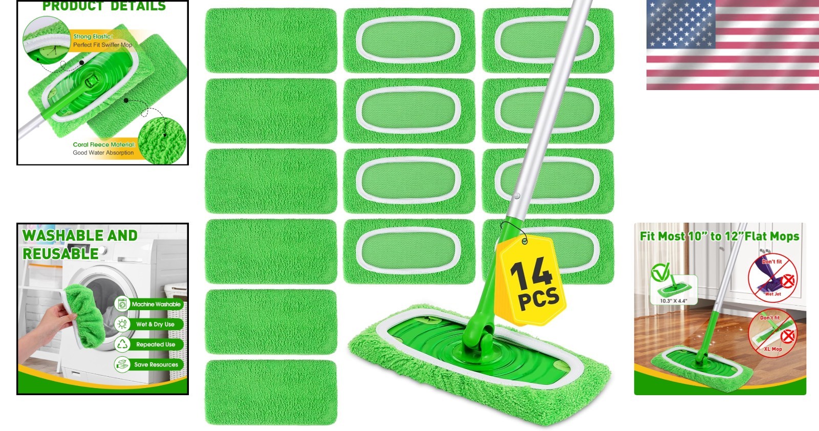 14 Reusable Microfiber Mop Pads – Eco-Friendly Washable Refills for All Floors