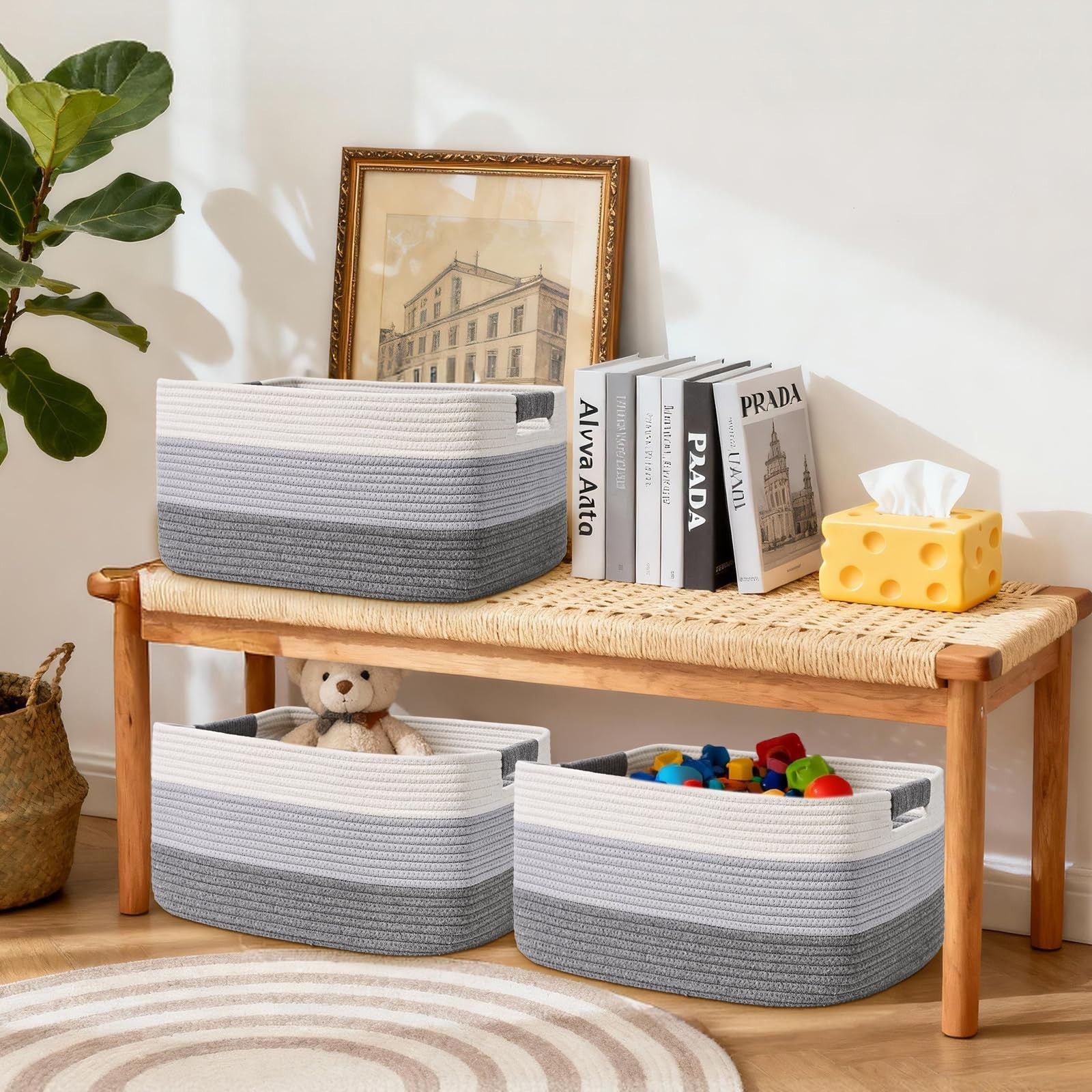 Large Woven Storage Baskets – 3 Pack, 17.5″x13″x7″, Cotton Rope Organizers for C