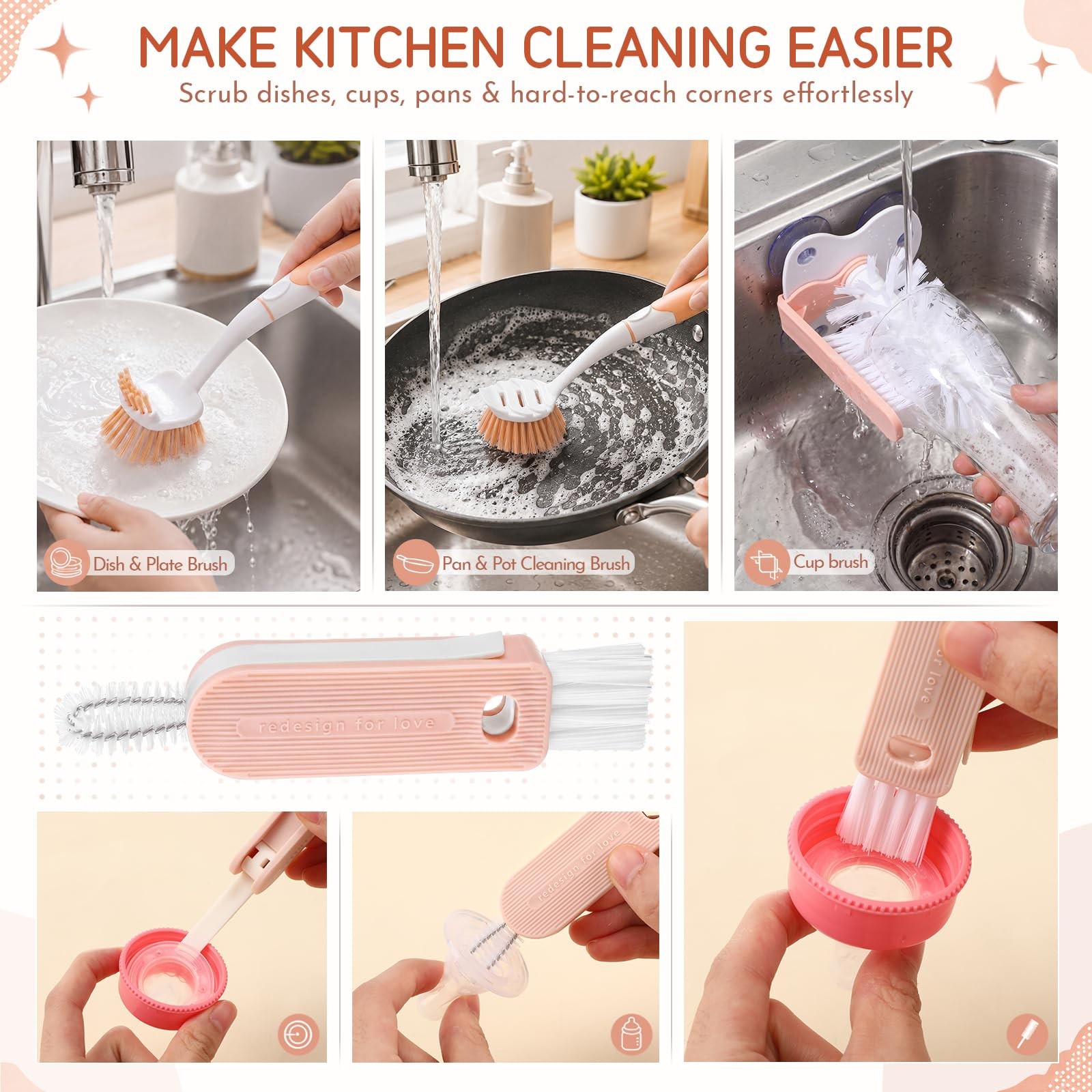 Ferrochef 10 Pack Dish Brush Set for Household Use Kitchen Scrub Brushes with…