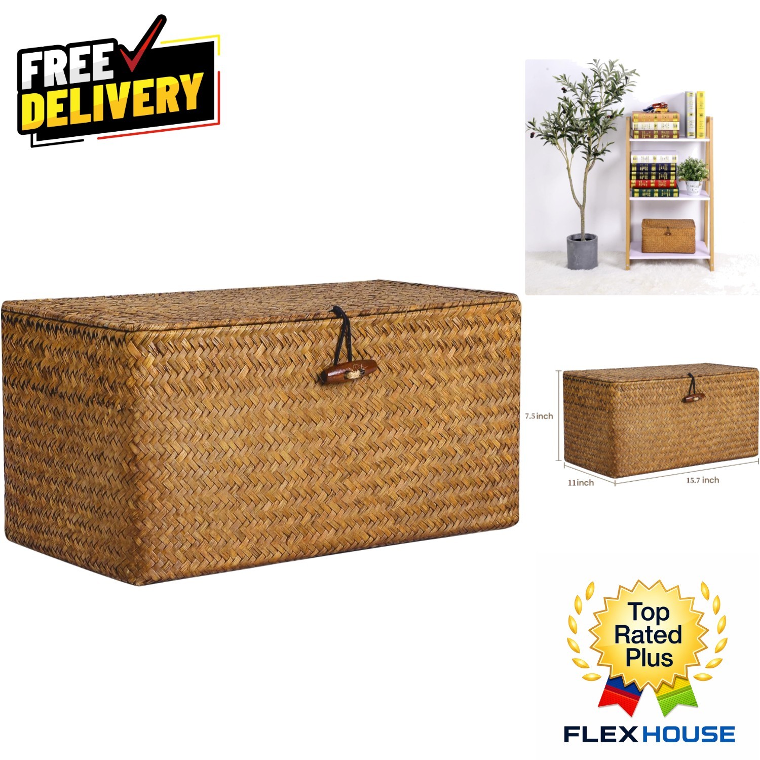 Multipurpose Retro Seagrass Storage Bin with Lift-Off Lid – 15.7″ x 11″ x 7.5″
