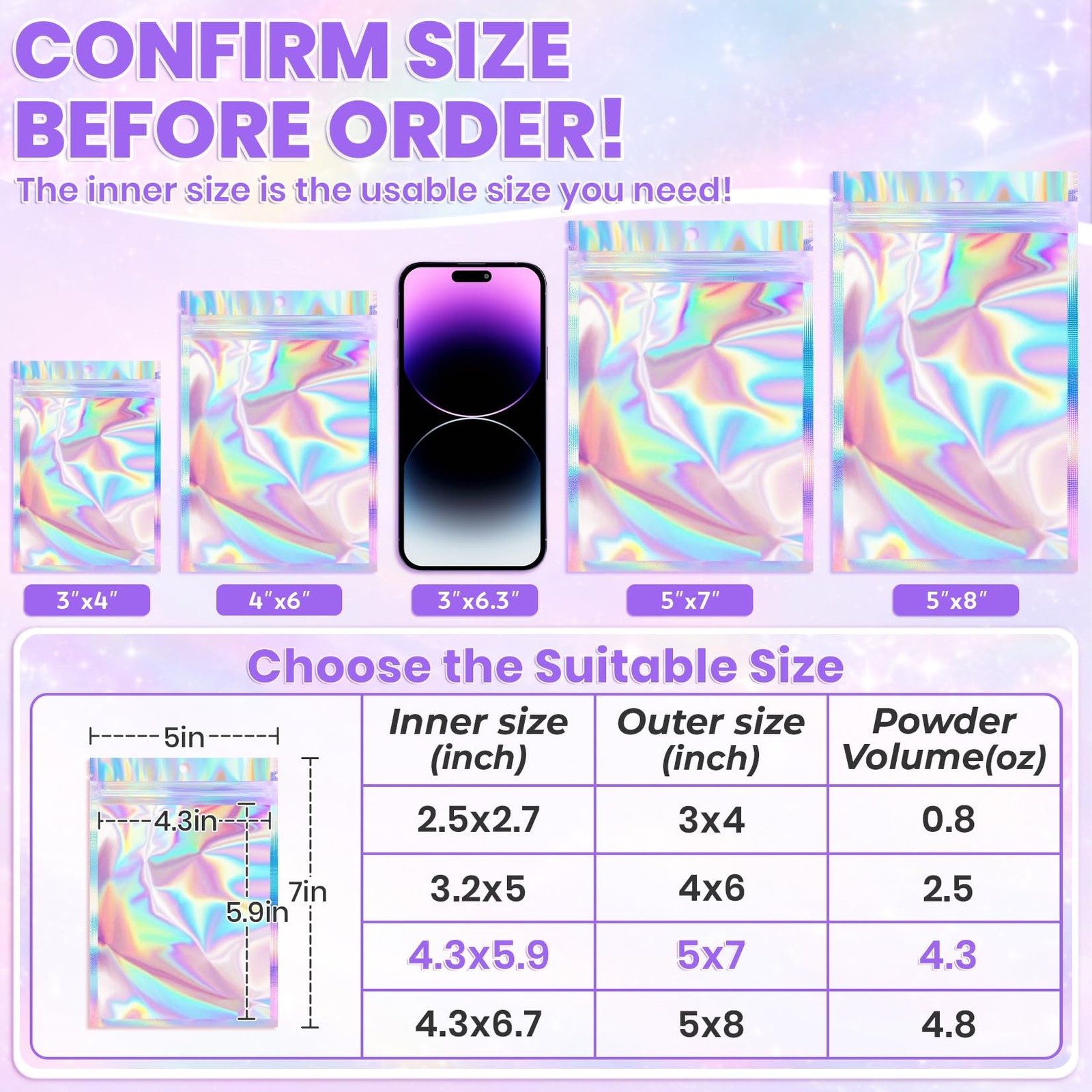 ANZNKU Holographic Bags 5×7 Mylar Resealable Inch,