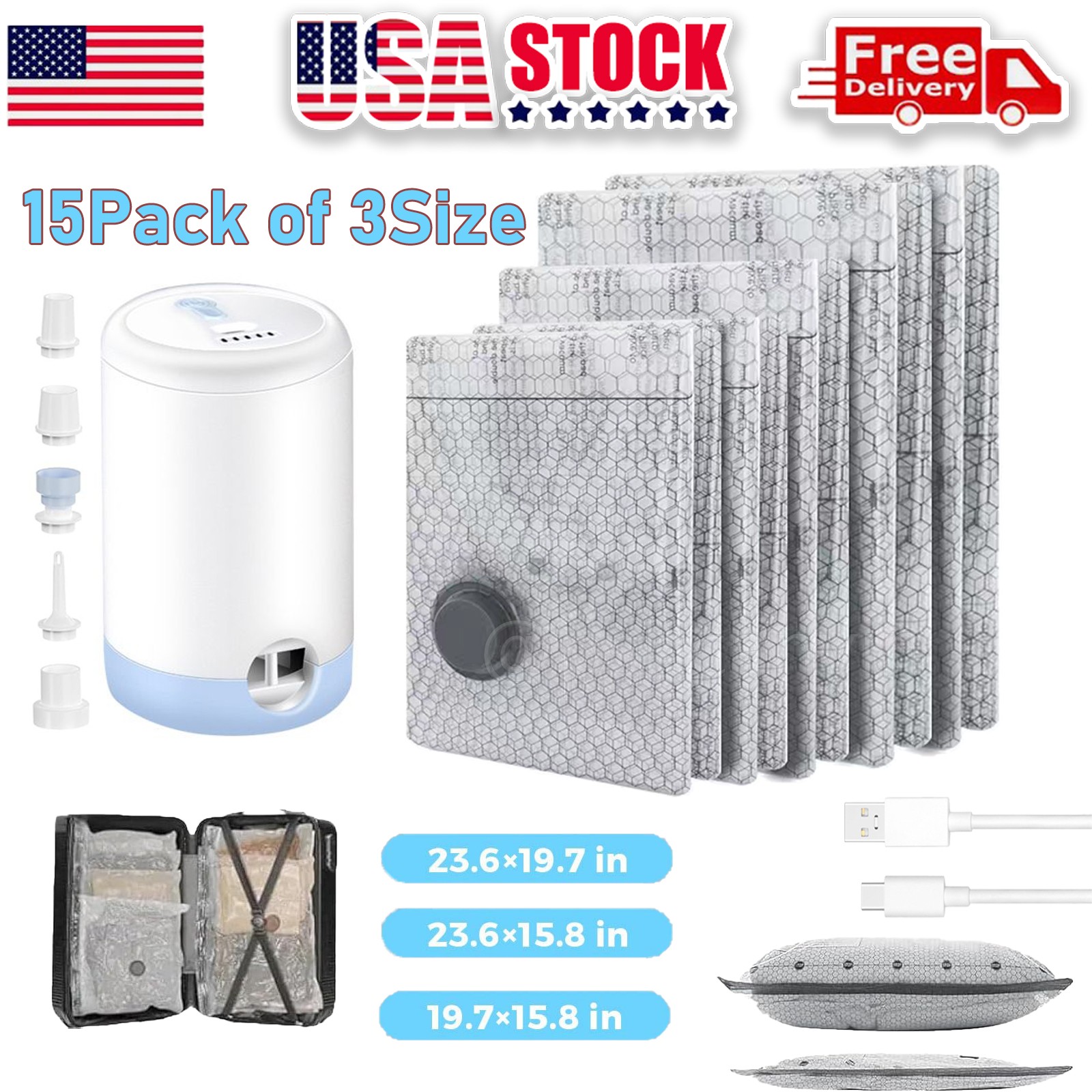 15Pack Travel Vacuum Bags with Rechargeable Wireless Pump, Clothing Organization