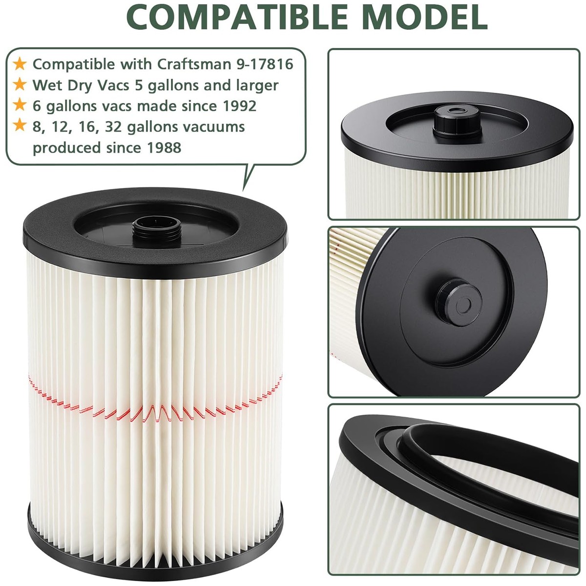 Replacement Shop Vac Filter for Sears Craftsman 5+ 6 8 12 gallon Wet Dry Vac
