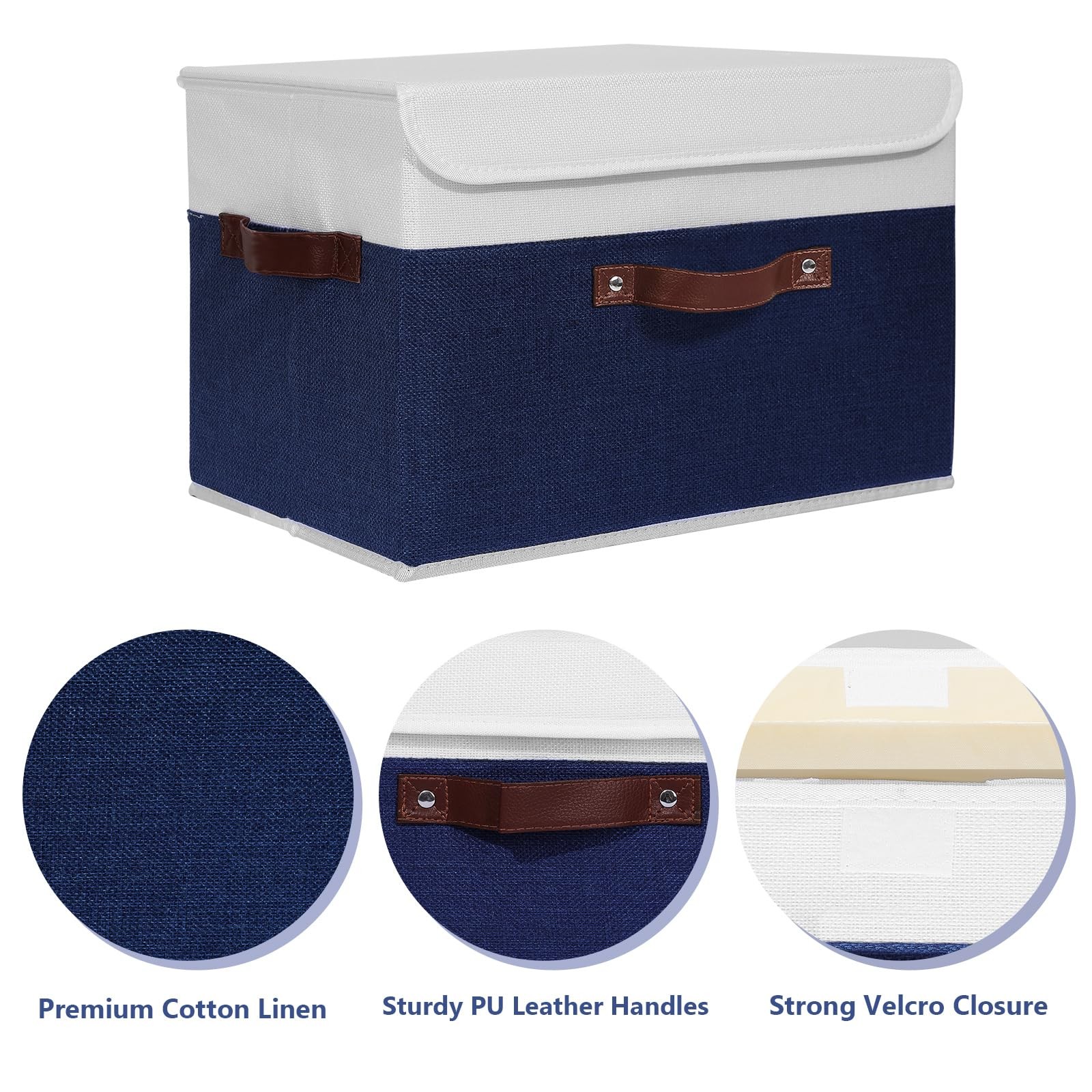 Large Deep Blue White Foldable Linen Fabric Storage Box Lid Leather Handle