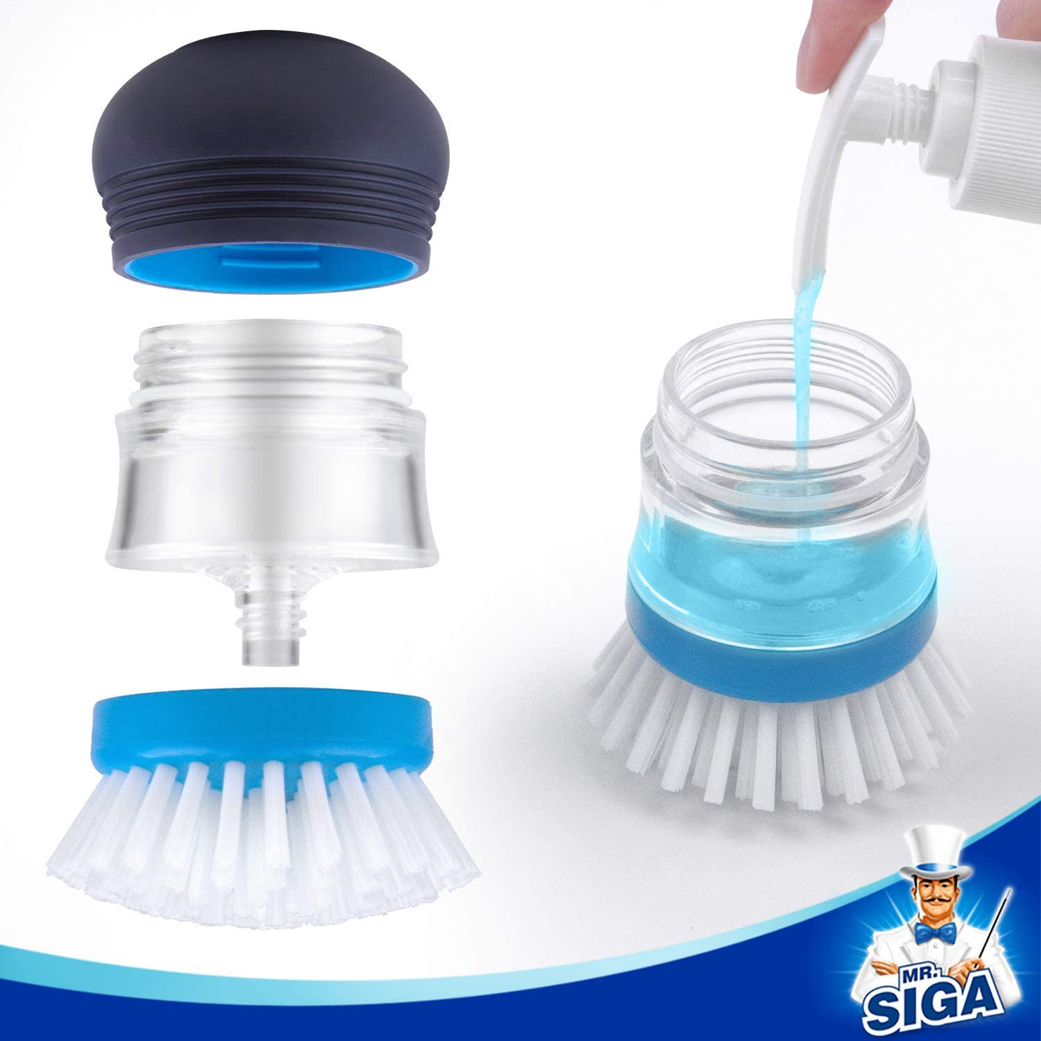 MR.SIGA Soap Dispensing Palm Brush Storage Set, 1 Pack, Navy/Blue | Dish Brush w