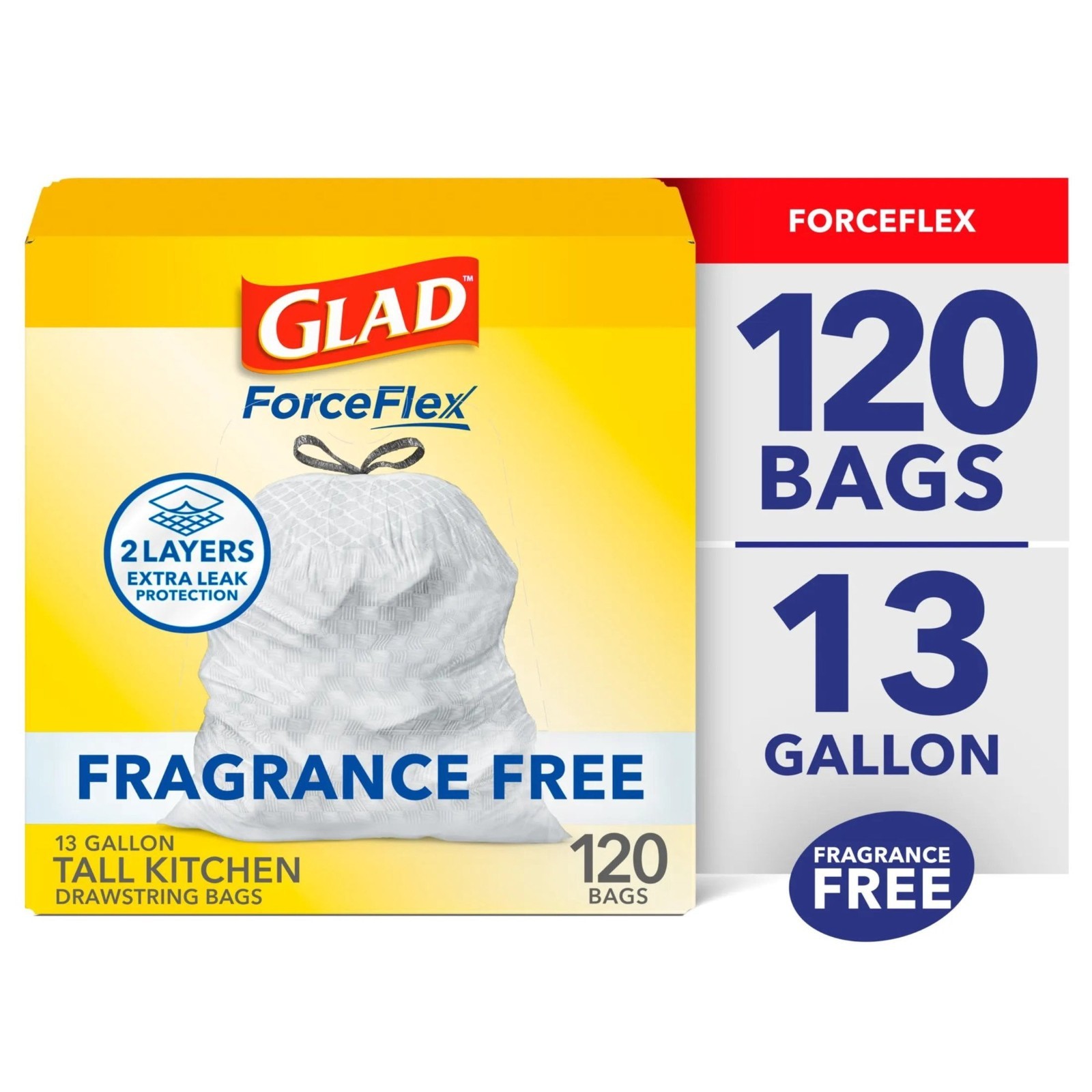 Glad ForceFlex 13 Gallon Drawstring Kitchen Trash Bags Unscented 120 Ct