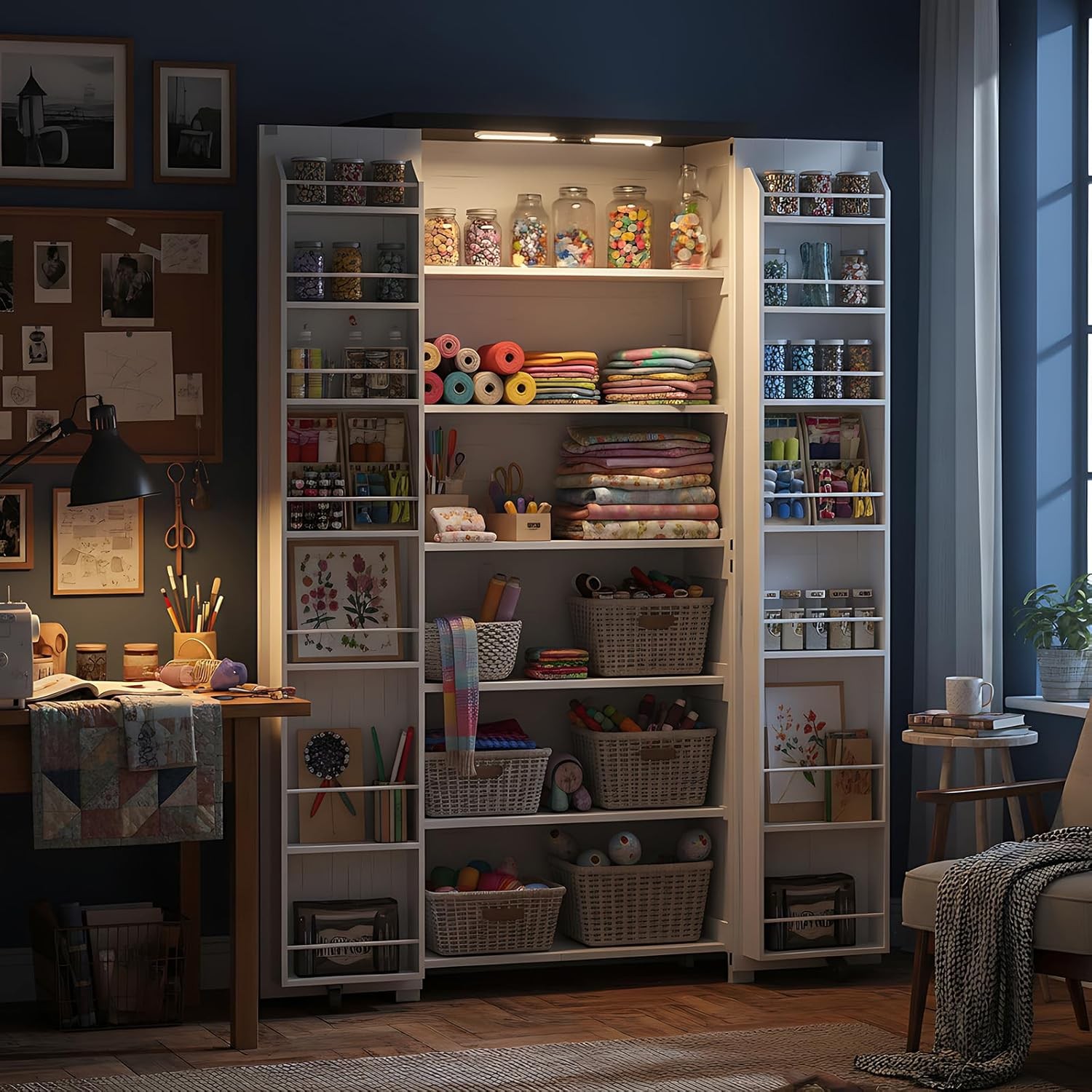 Craft Storage Cabinet with LED Lights​​ – 72″ Adjustable Shelves Sewing