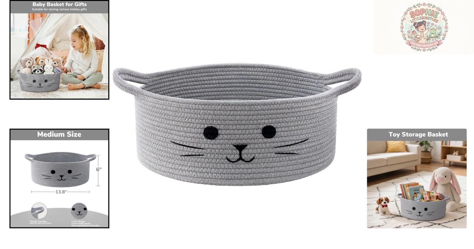 Multi-Purpose Cat Toy Storage Basket – Grey, 13.8″ x 6″ for Home & Nursery