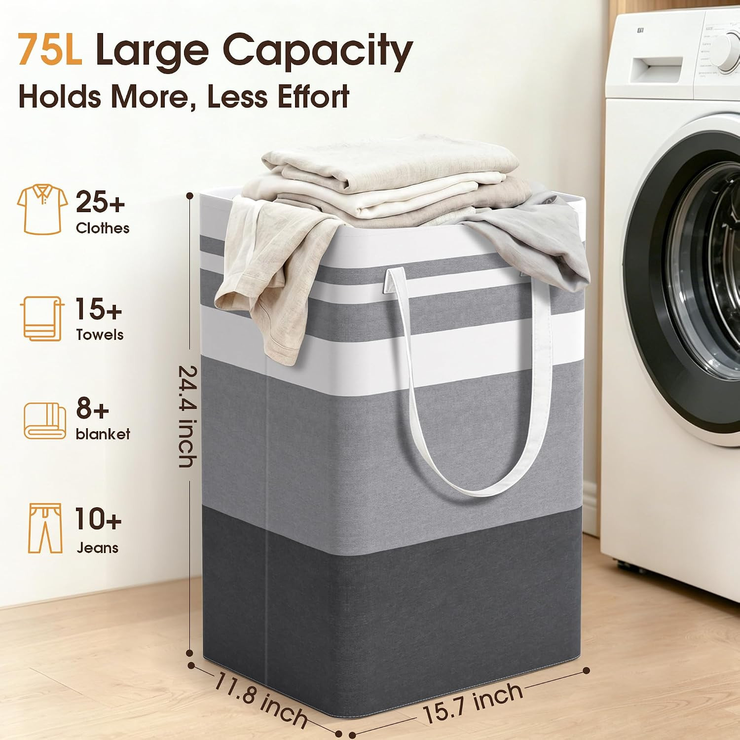 2 Pack Large Laundry Baskets, Laundry Hampers Bags (Grey 75Lx2) | Waterproof, Fr