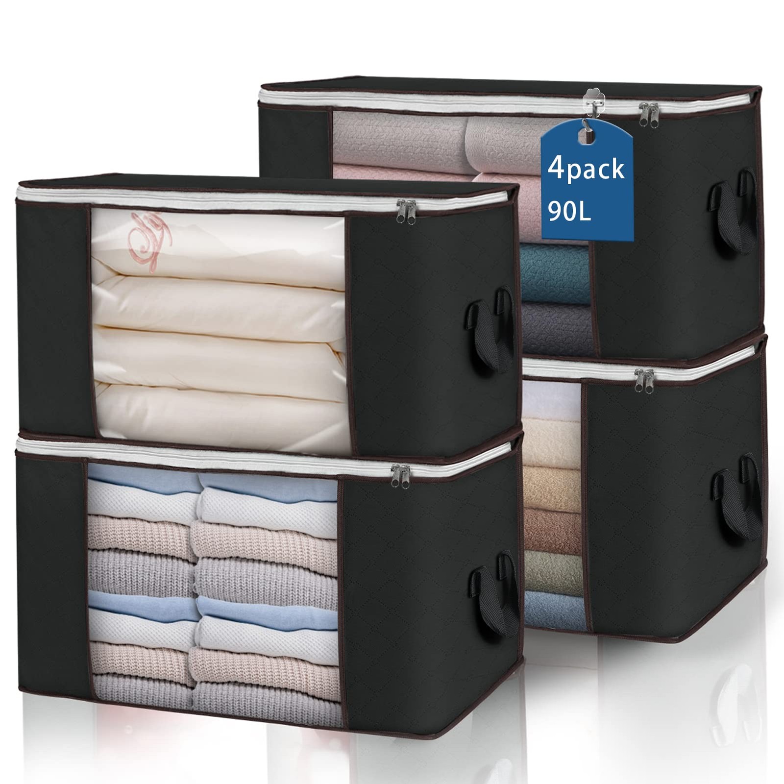 4 PCS 90L Large Clothes Storage Bags Foldable Closet Organizer Bins Black