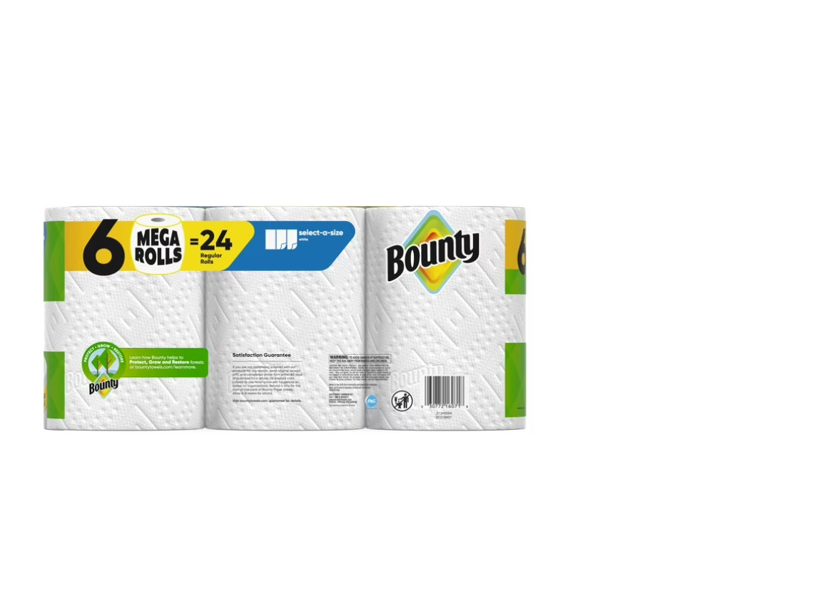 Bounty Paper Towels Select-A-Size White, 6 Mega Rolls, 164 Sheets per Roll