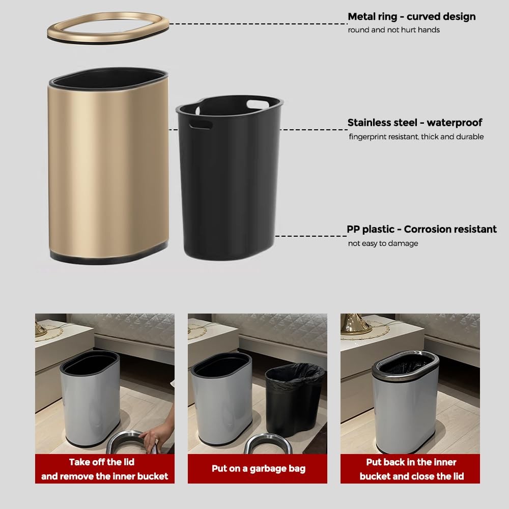 9L/2.4GALSlim Bathroom Trash Can, 12 * 7.75 * 13.67 inches, Stainless Steel w…