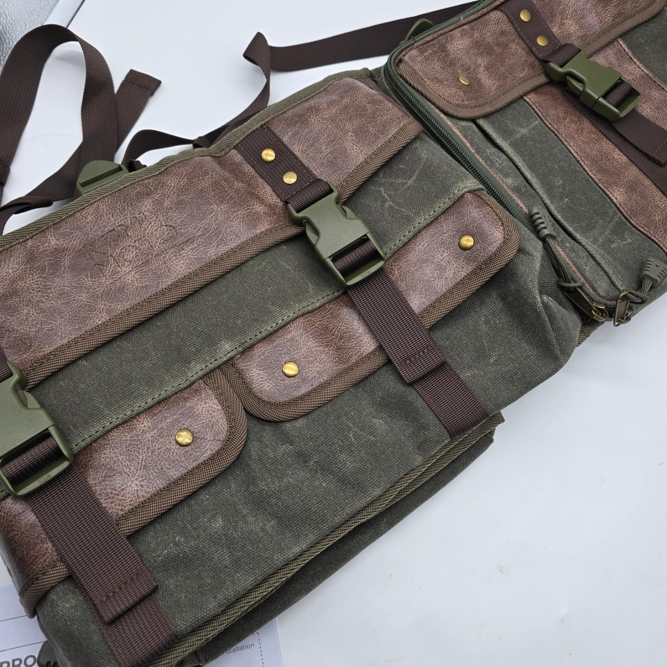 KEMIMOTO UTV Roll Cage Organizer Bag Canvas Leather Multi-Pocket Storage Green
