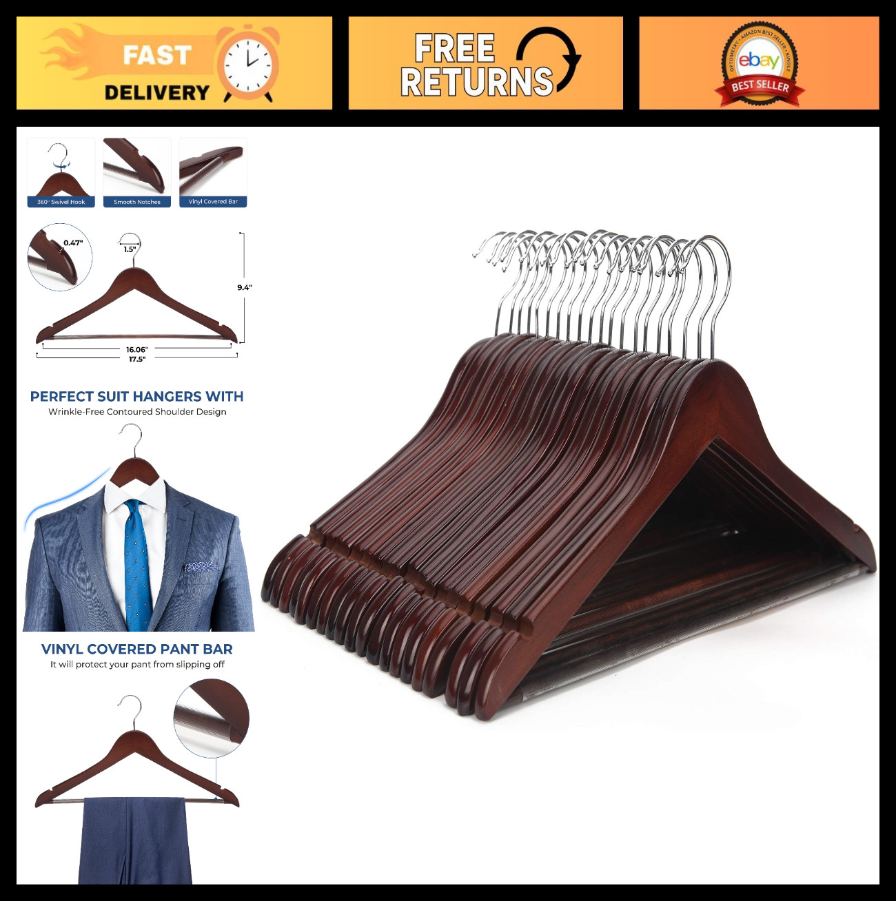 20 Pack Wooden Coat Hangers 17.5″ Non-Slip Suit Hangers with Pant Bar – Walnut F