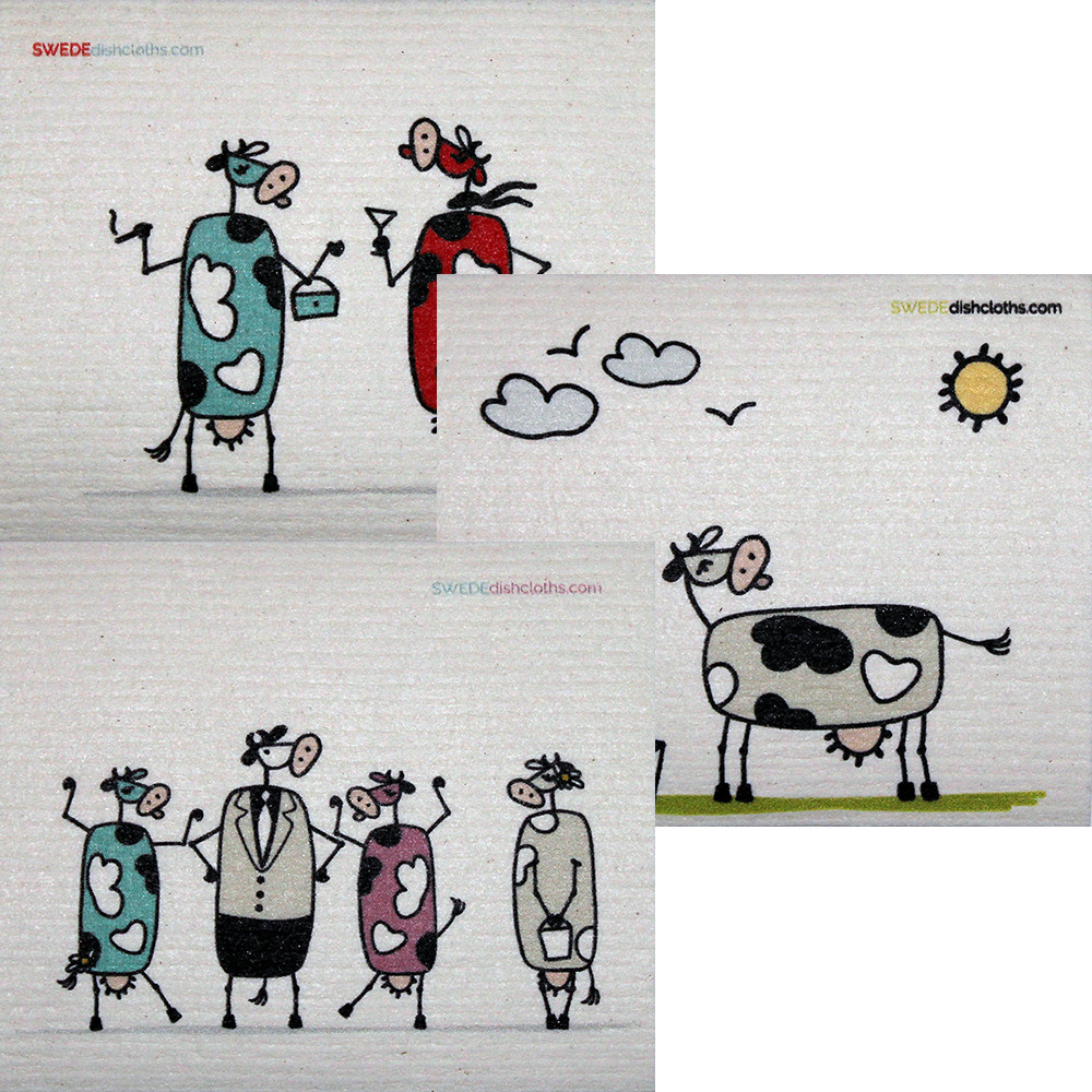 The New Amazing Swedish Dish cloth Set of 3 /Dishcloths Mixed Fun Cows Design