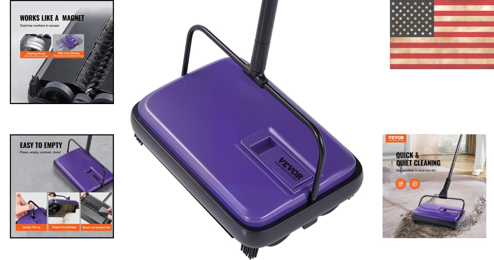 Stylish Purple Carpet Sweeper – Quiet Manual Operation, Pet Hair & Dirt Remover