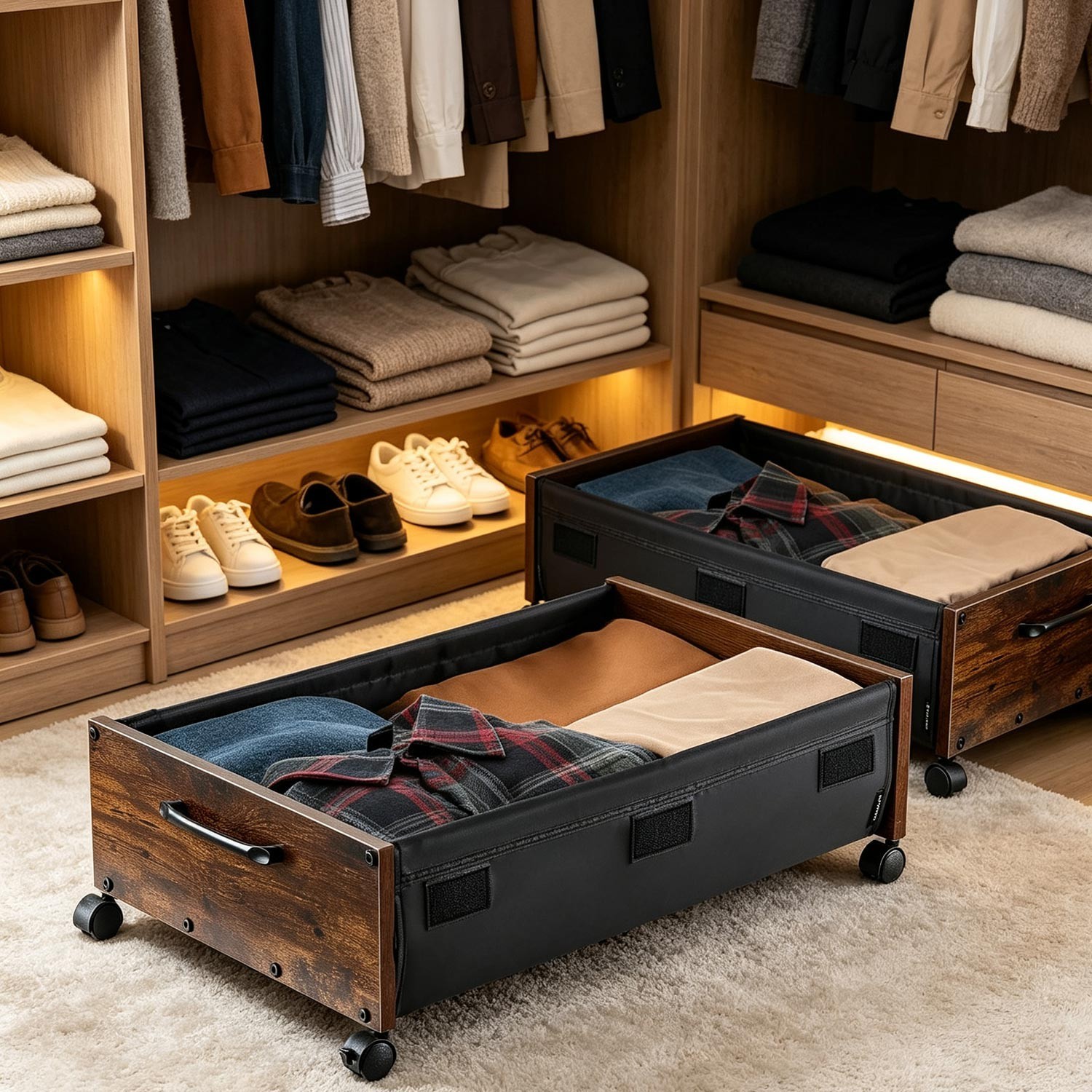25.6in Under Bed Storage with Wheels 2 Pack Rolling Organizer Bags Clothes Shoes