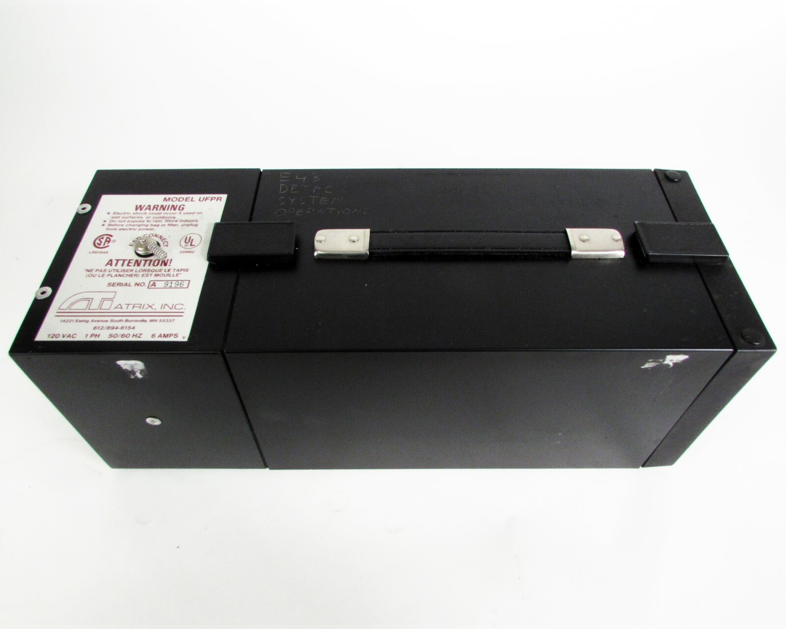 Atrix, Inc. – Model UFPR, Immediate Containment Vacuum 120VAC. 50/60Hz, 6 AMPS