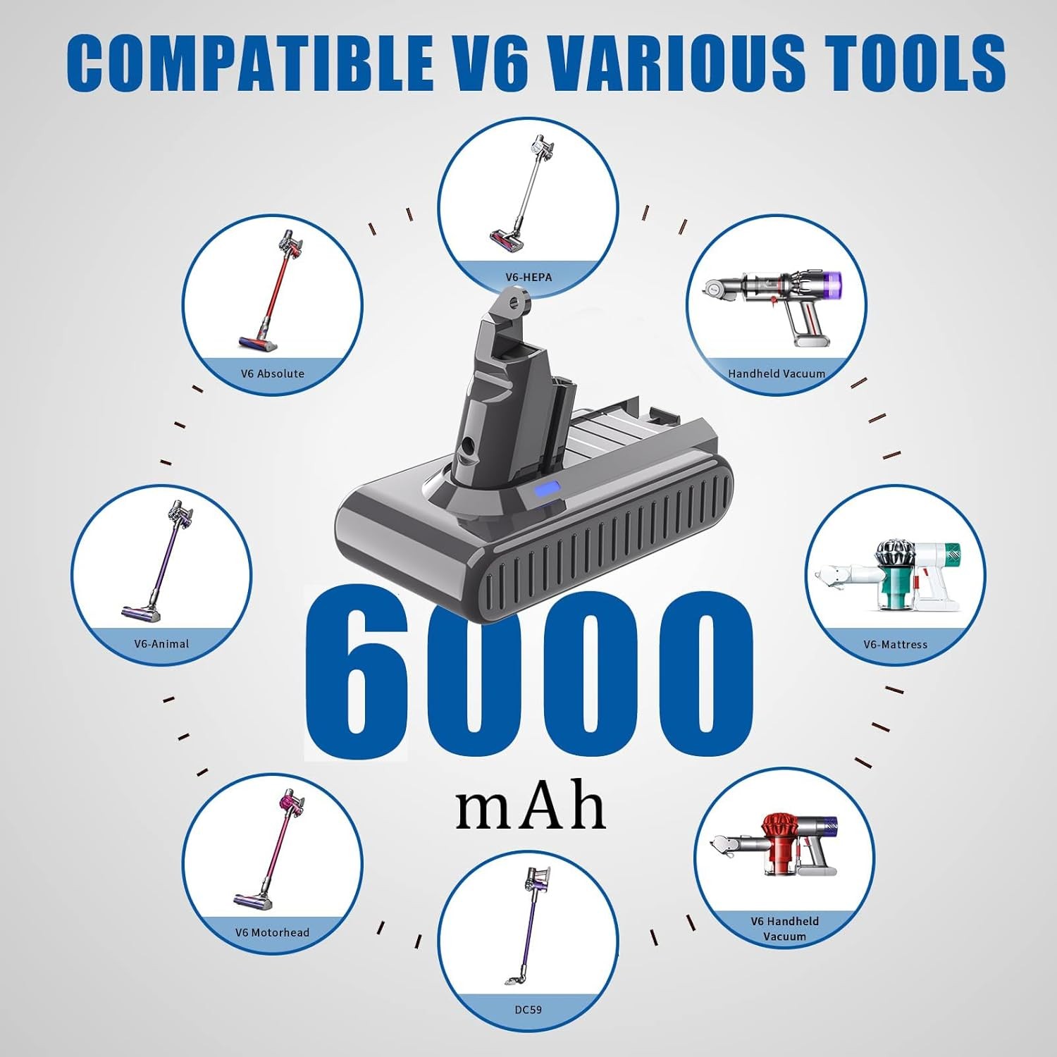 Battery replacement compatible with cordless vacuum cleaner batteries.