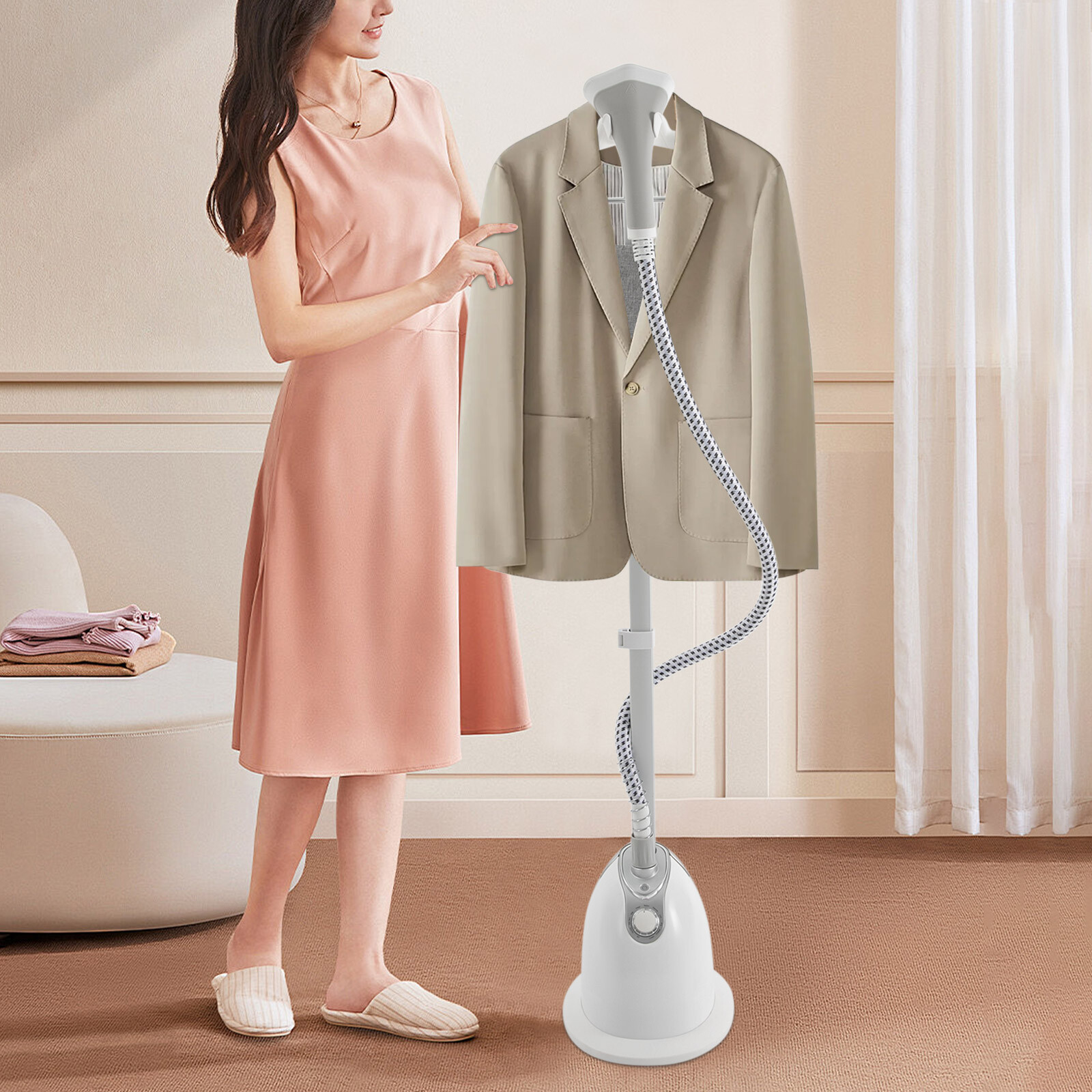 1350W Vertical Garment Steamer 1.4L Tank Adjustable Height Telescopic Rod White