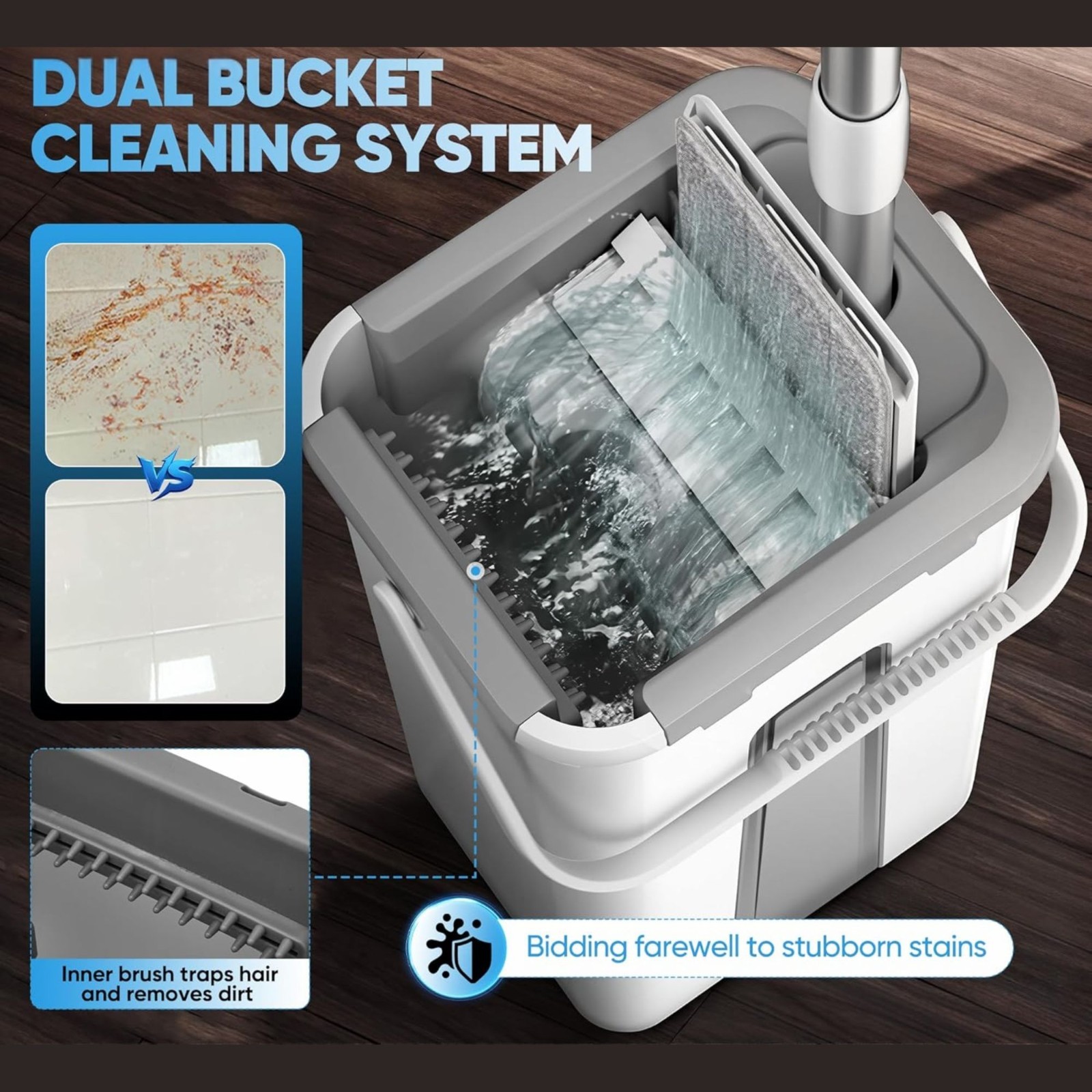 Flat Mop and Bucket with Wringer Set Hands-Free Floor Cleaning 2pcs Mop Pads
