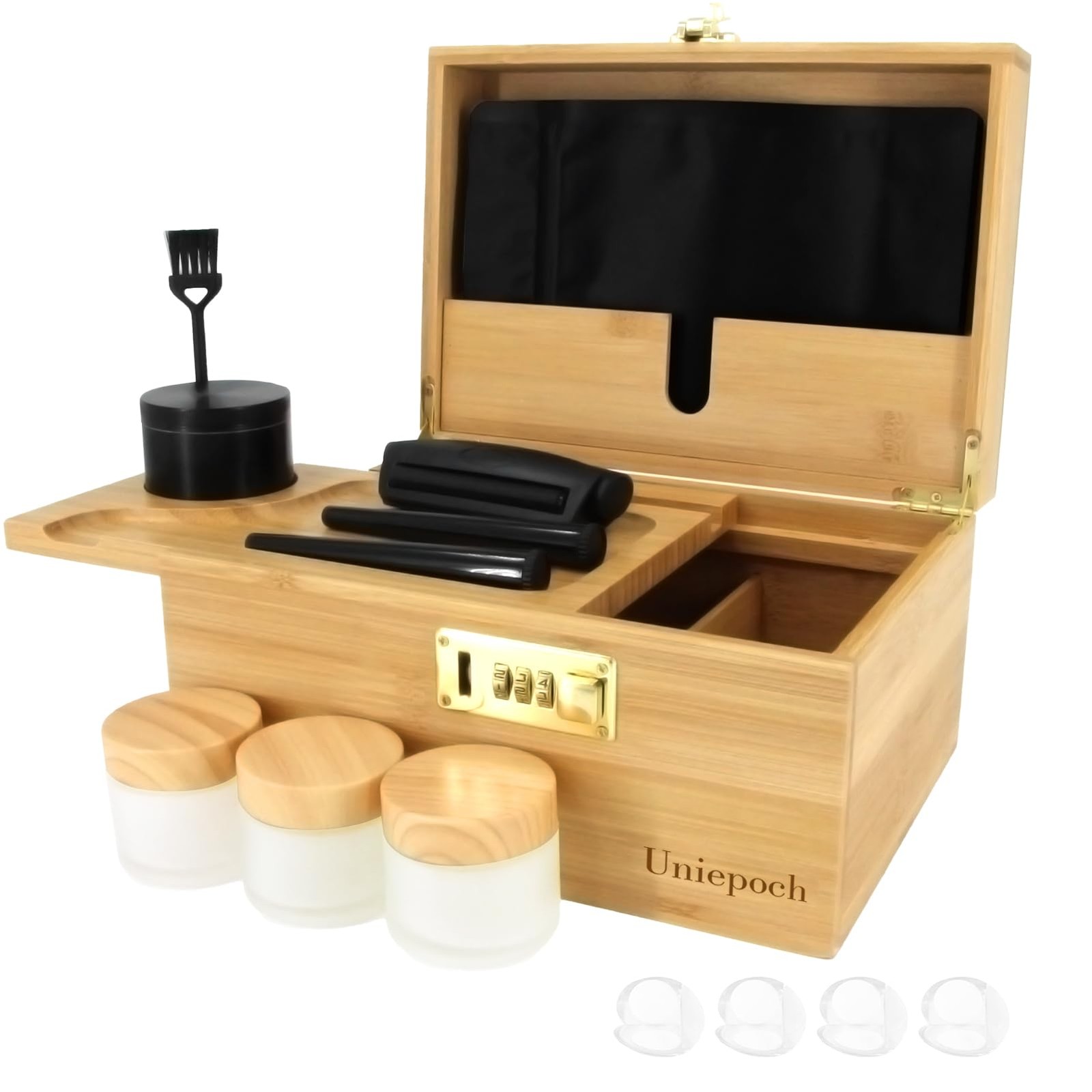Uniepoch Premium Large Bamboo Stash Box with Combo Lock & Tray | Wood