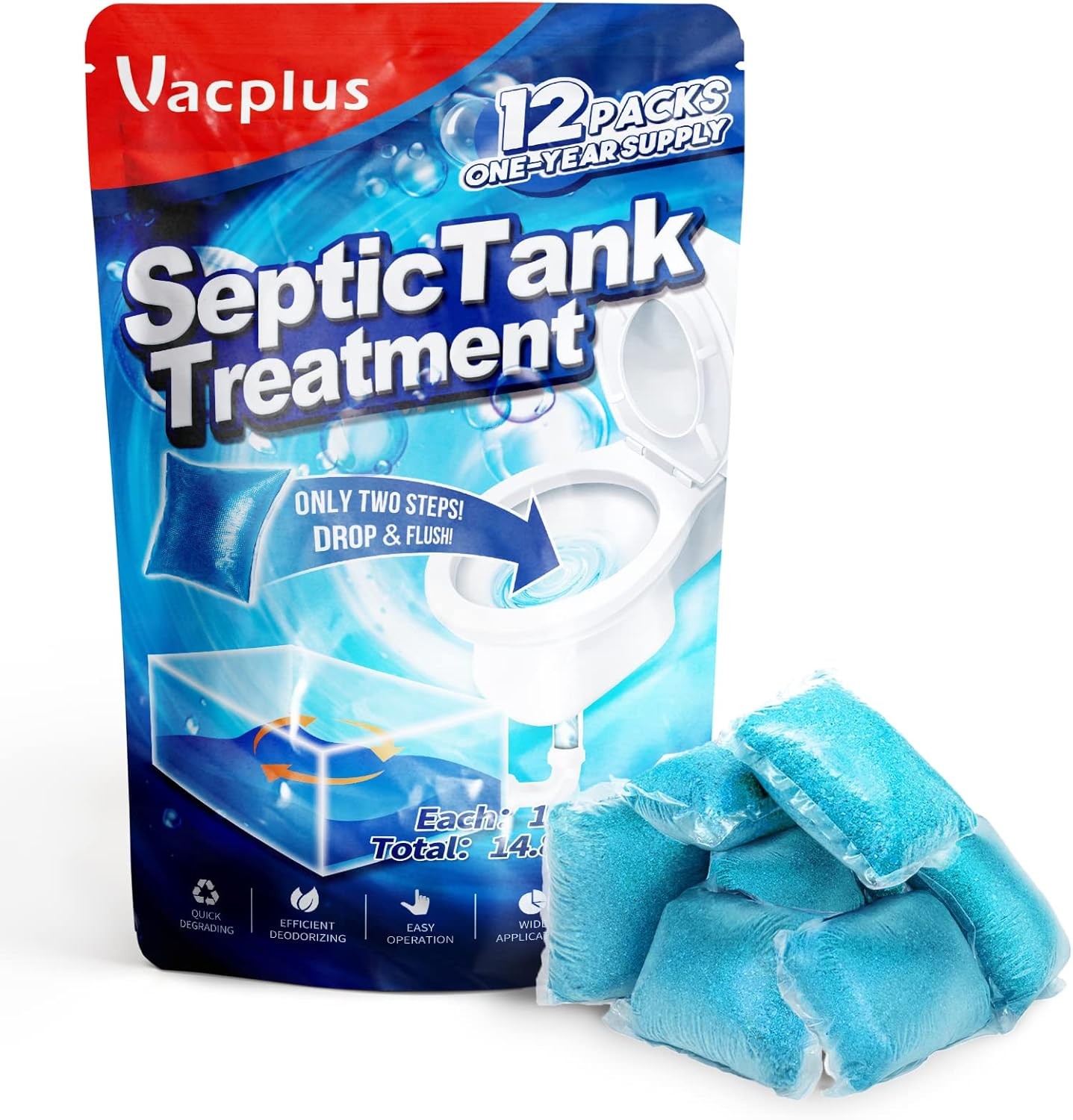 Vacplus Septic Tank Treatment Pods, 12 Pack Enzyme Cleaner for Odor & Waste