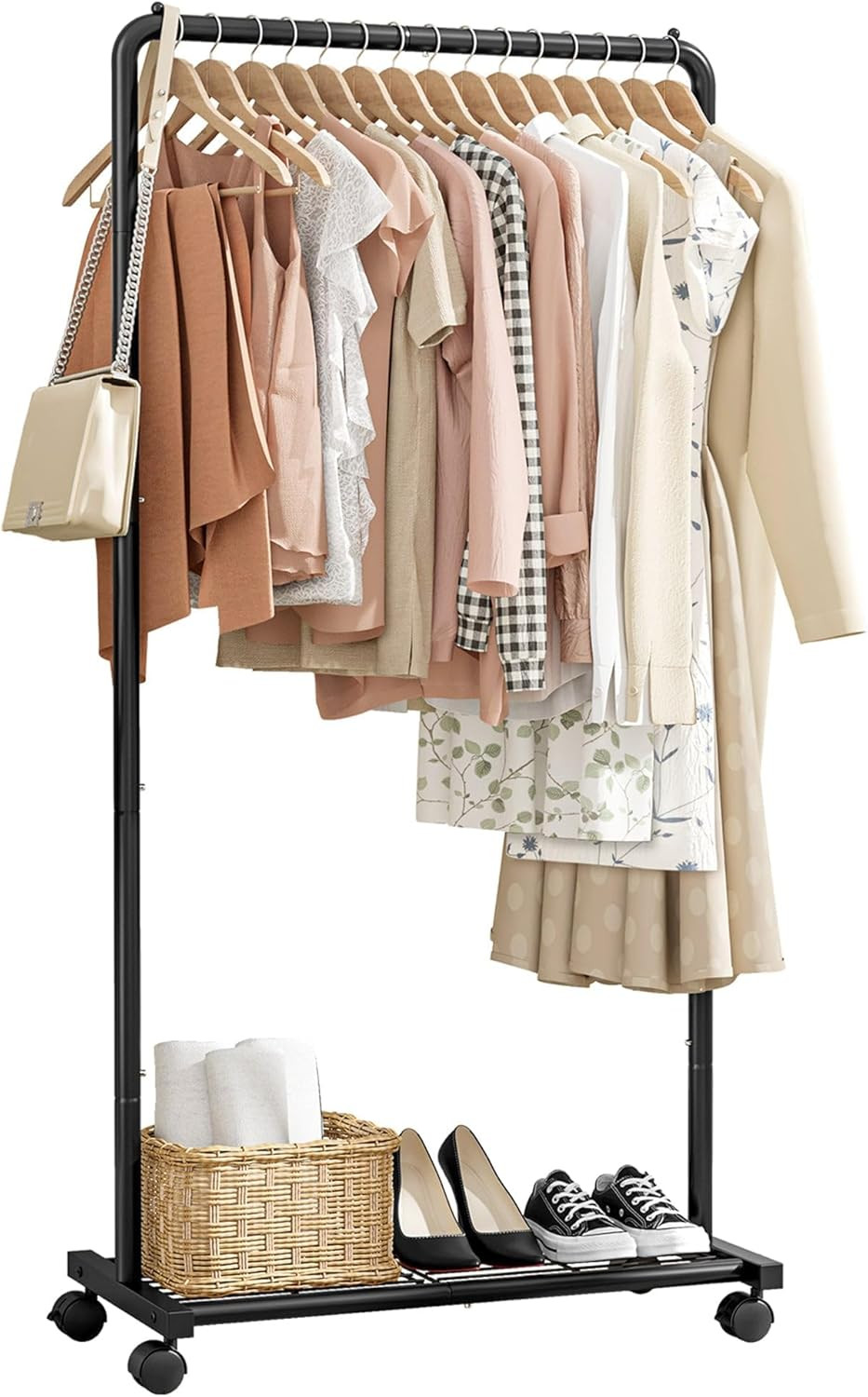Clothes Rack – Clothing Rack with Storage Mesh Shelf & Casters, Heavy-Duty Metal