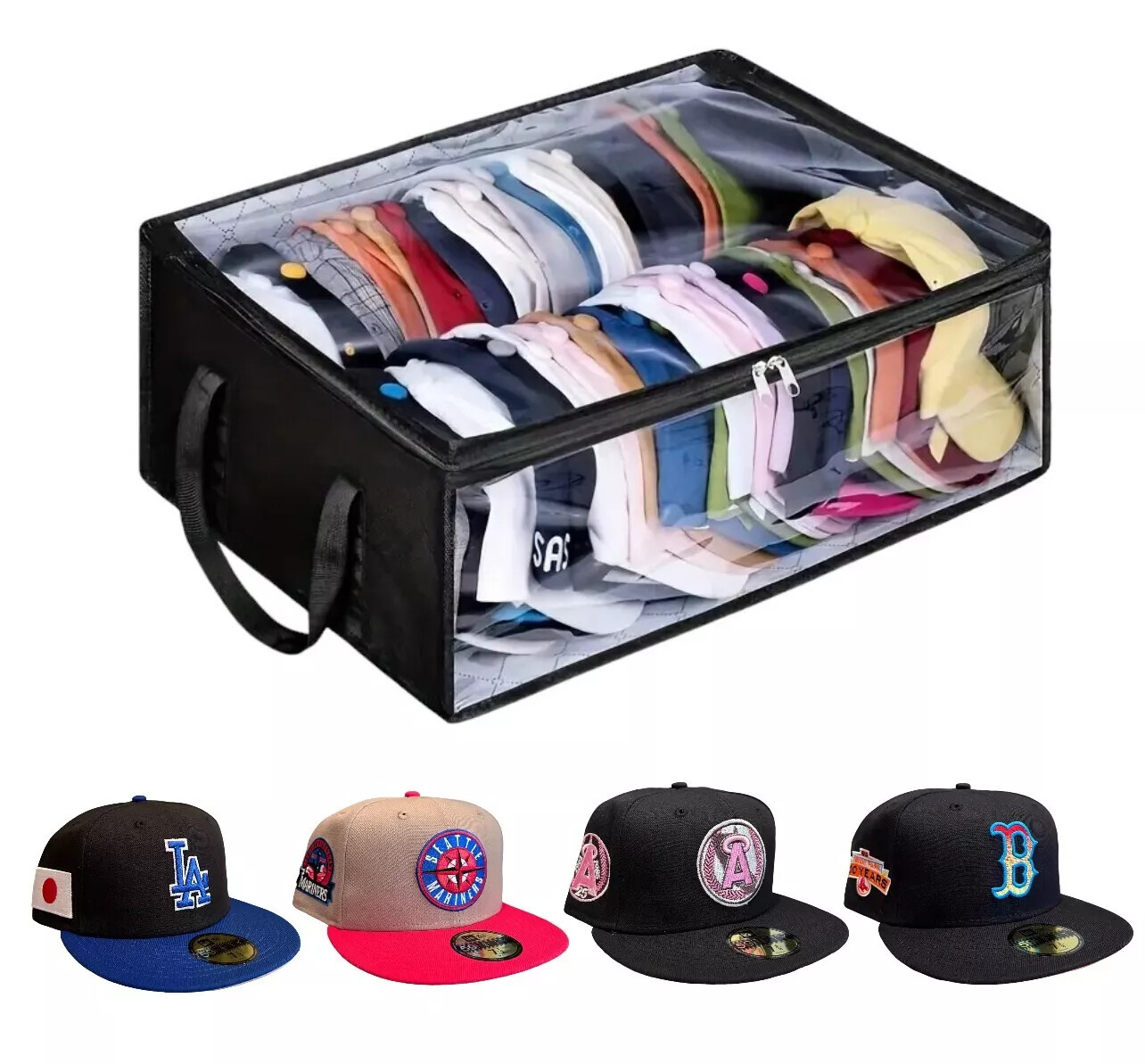 Hat Storage Dust Bag Baseball Hat Cap Organizer Clear Rack Zipper – Black / Gray