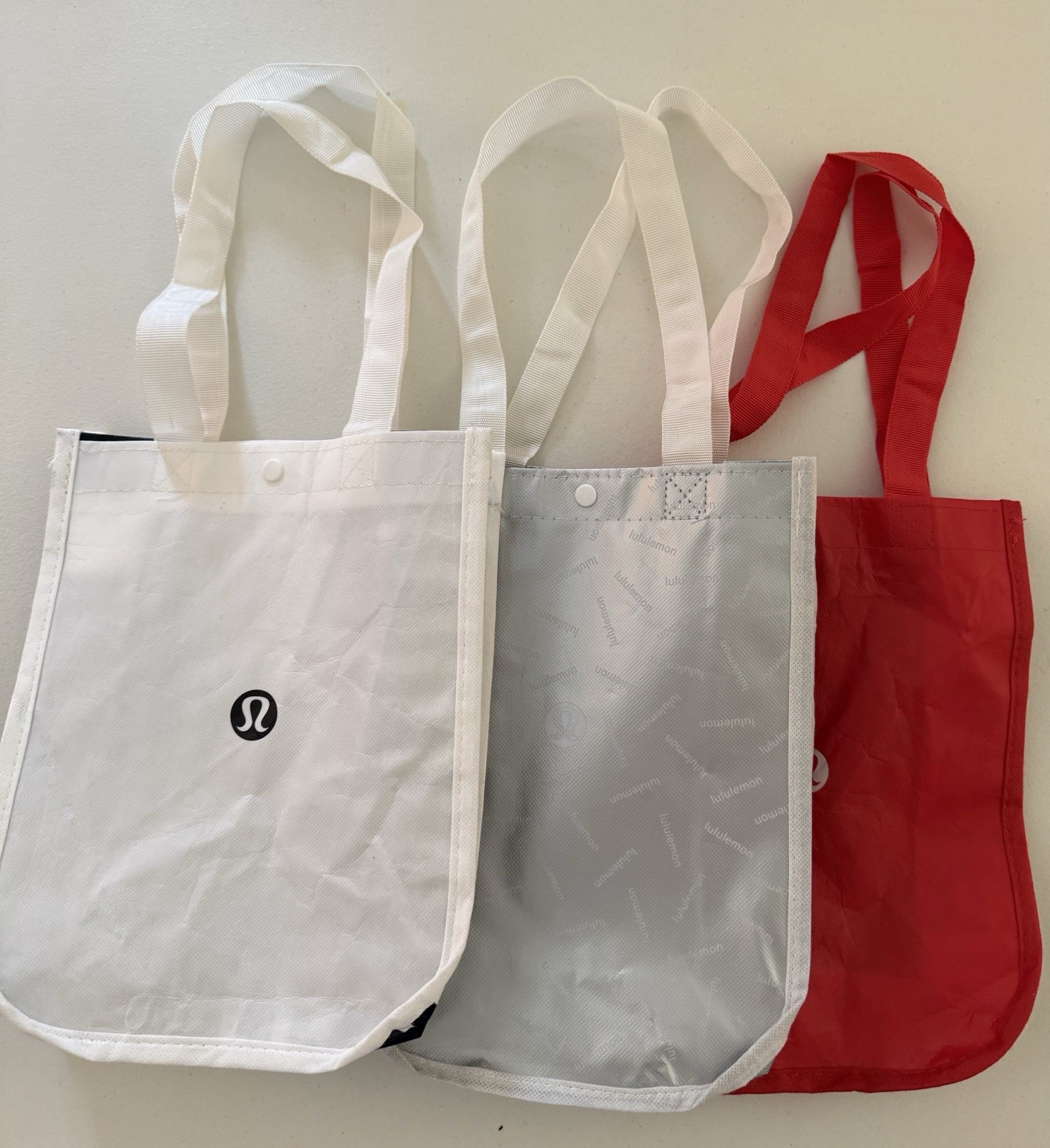Lululemon Reusable Shopping Tote Bag Set Of 3 12”x9” Red, Silver Black And White