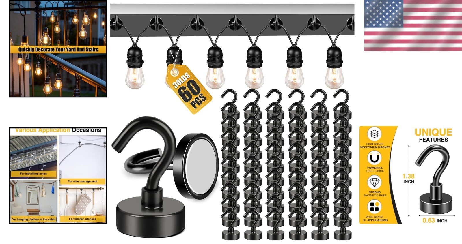 Elegant 60PCS Black Magnetic Hooks for Outdoor String Lights – 30lbs+ Capacity