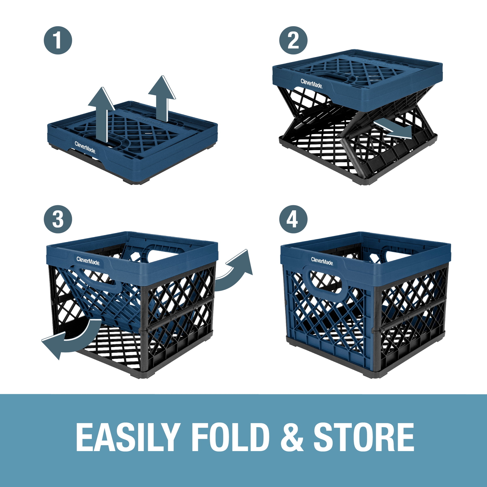 Collapsible Eco Plastic Milk Crate, Folding Storage Bin, 6.6 gal, Ocean Navy