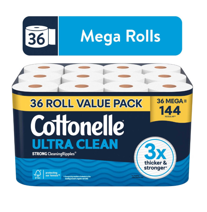 Cottonelle Ultra Clean Toilet Paper, Strong Toilet Tissue, 36 Mega Rolls F/S US