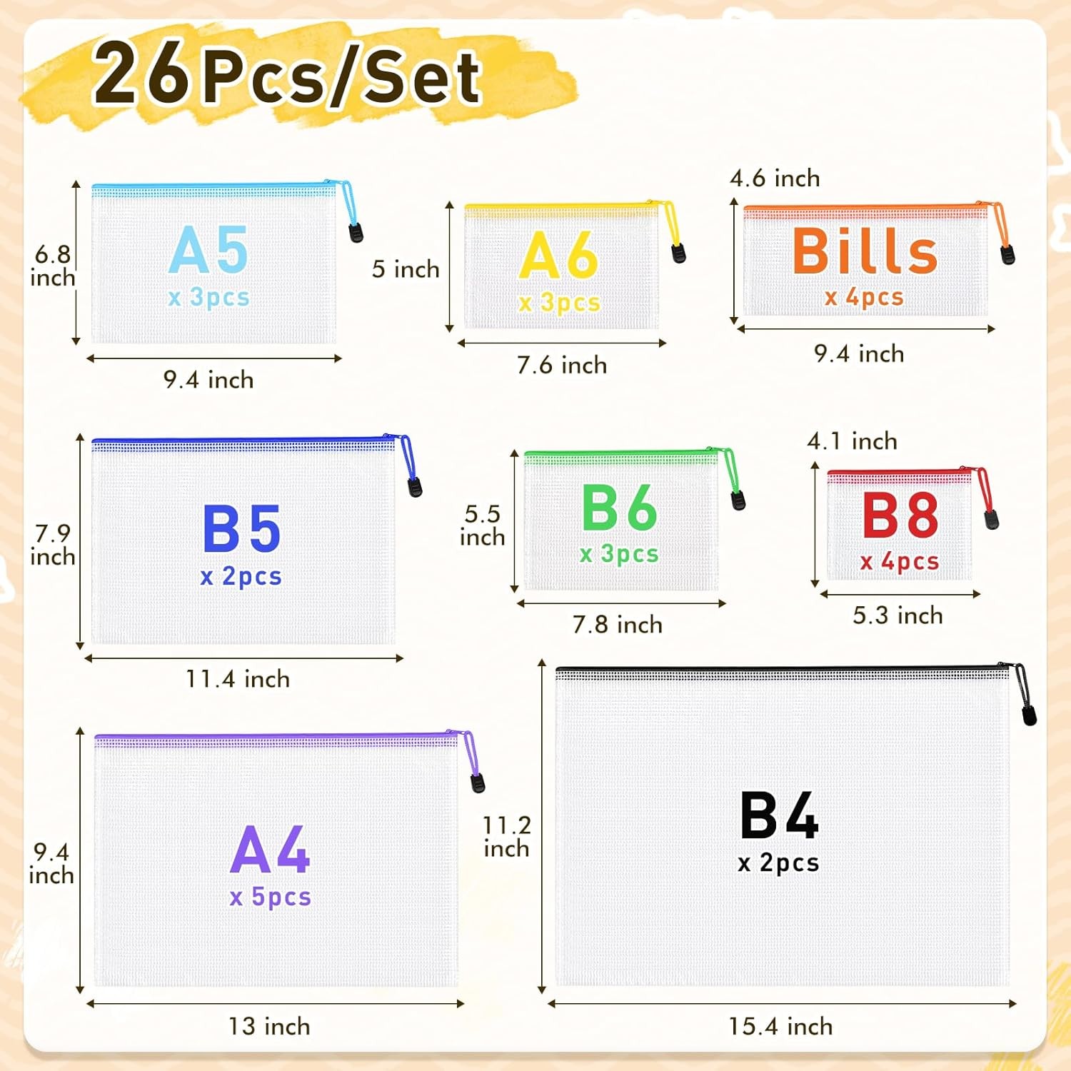26PCS Mesh Zipper Pouch Bags Clear Waterproof Storage Organizer Set 8 Sizes