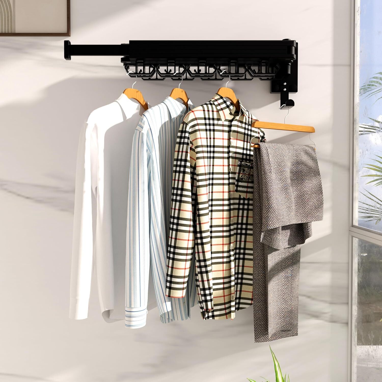 Clothes Drying Rack, Wall Mounted, Foldable Drying Rack with 24 Hooks – Black