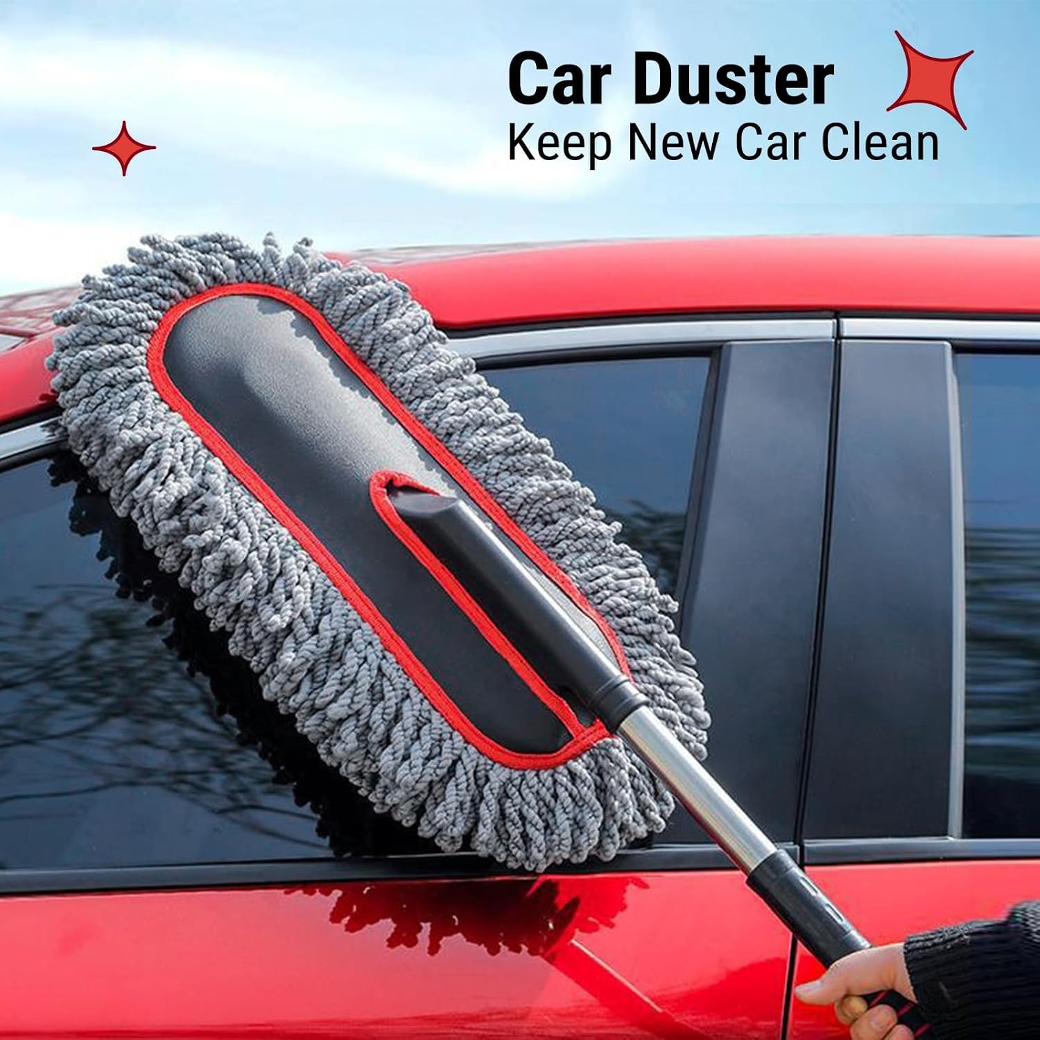 Car Duster, Scratch-Free Microfiber Cleaning Brush, Gray/Red | Extendable Han…