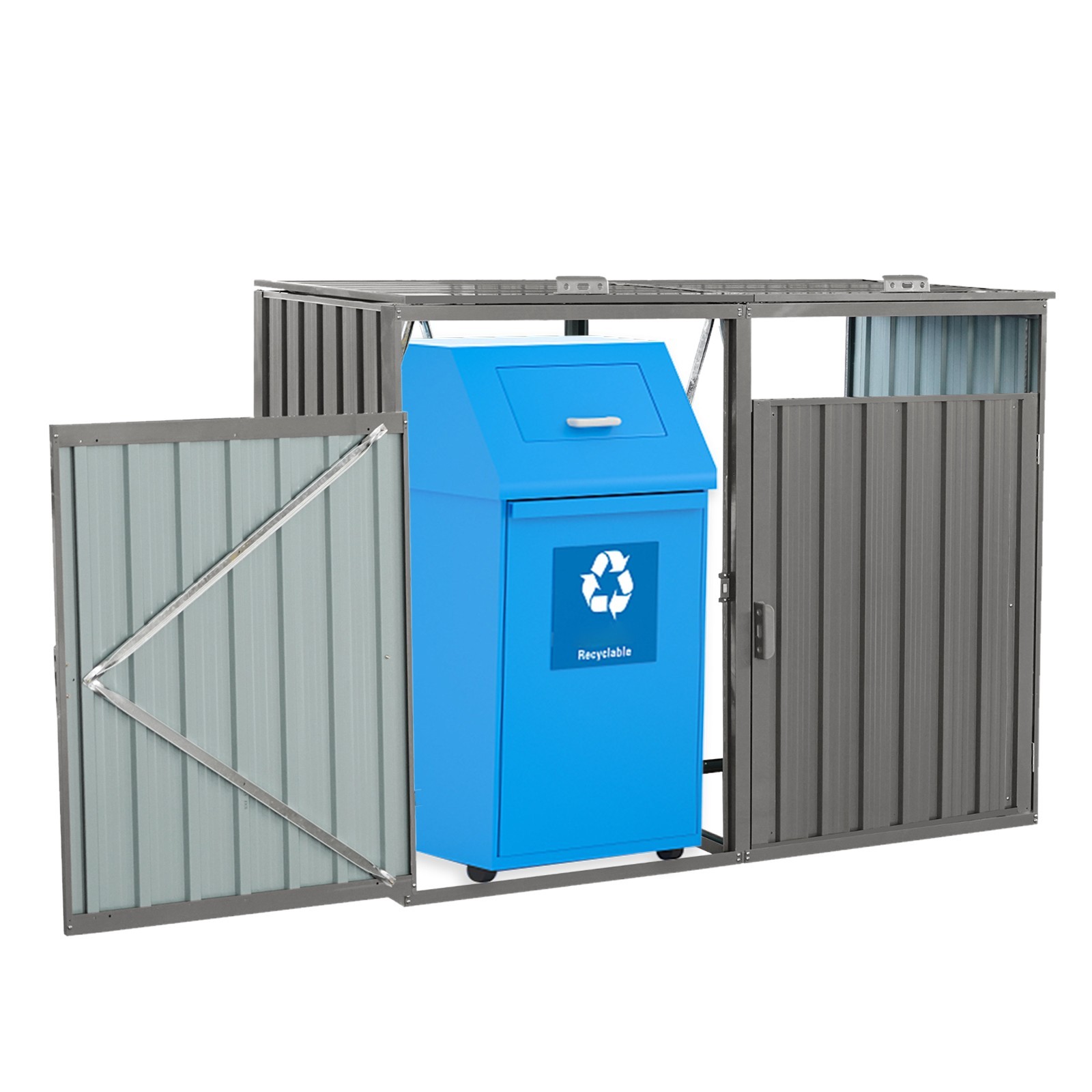 Garbage Bin Shed Stores 2 Trash Cans Metal Outdoor Bin Shed for Garbage Storage