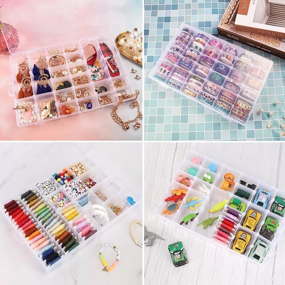 2 PAack Large Clear Plastic Organizer Storage Box Container with Dividers USA